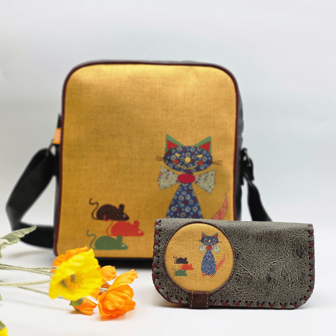 Fare Kedi Figürlü Büyük Postacı Kol Çantası Etnik Bohem Style Çanta Cüzdan Çanta Yesil, Cüzdan Yesil Kombin