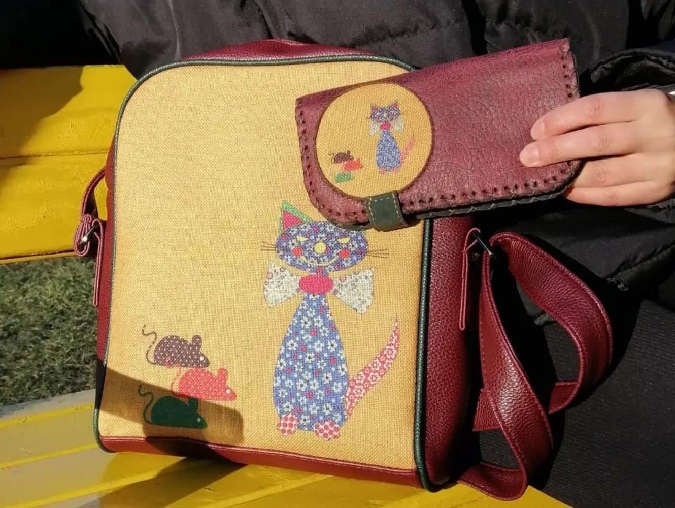 Fare Kedi Figürlü Büyük Postacı Kol Çantası Etnik Bohem Style Çanta Cüzdan KOMBİN
