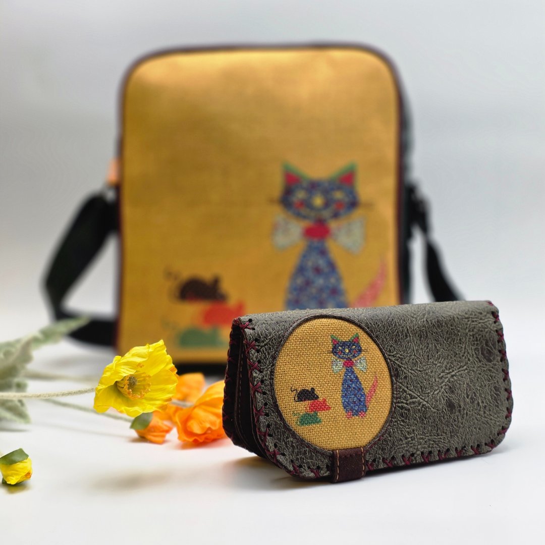 Fare Kedi Figürlü Büyük Postacı Kol Çantası Etnik Bohem Style Çanta Cüzdan Çanta Yesil, Cüzdan Yesil Kombin