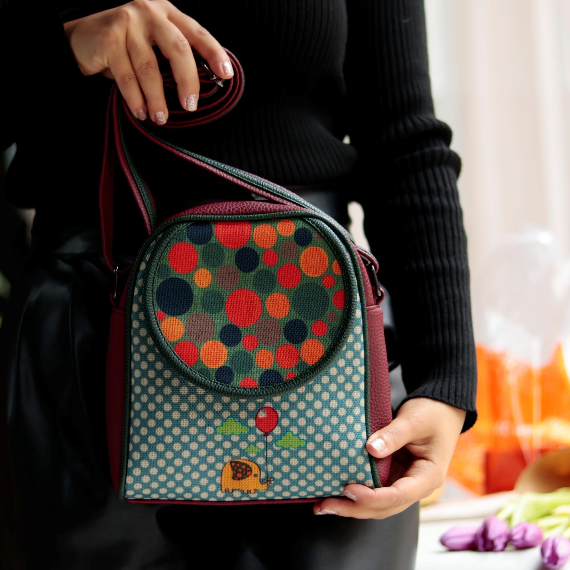 Fil Figürlü Küçük Postacı Omuz Çantası Etnik Bohem Style - Bordo
