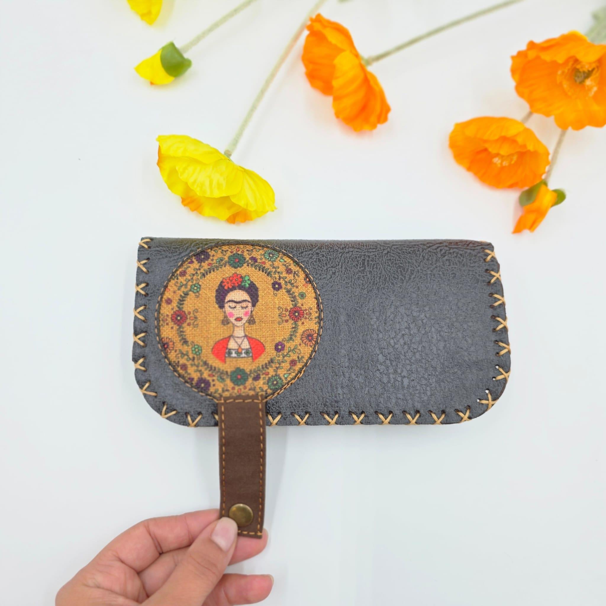 Frida Figürlü Büyük Cüzdan Etnik Bohem Retro Vintage Style - ANTRASİT