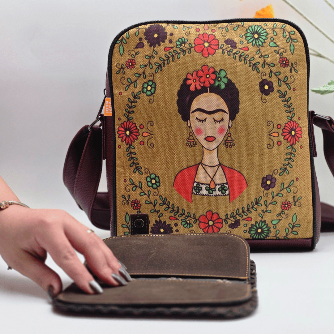 Frida Figürlü Büyük Postacı Kol Çantası Etnik Bohem Style Çanta Bordo Cüzdan Bordo Kombin