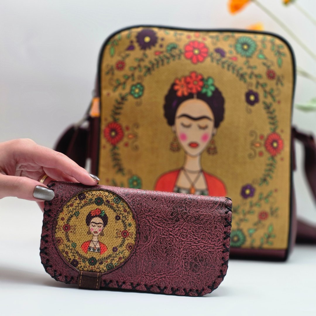Frida Figürlü Büyük Postacı Kol Çantası Etnik Bohem Style Çanta Bordo Cüzdan Bordo Kombin