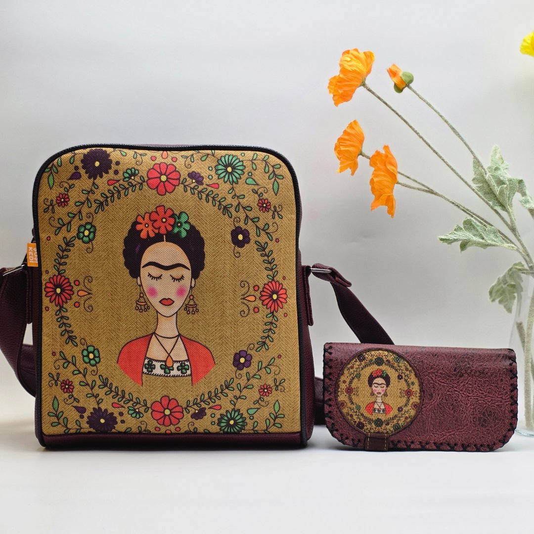 Frida Figürlü Büyük Postacı Kol Çantası Etnik Bohem Style Çanta Bordo Cüzdan Bordo Kombin