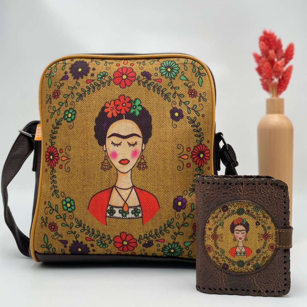 Frida Figürlü Büyük Postacı Kol Çantası Etnik Bohem Style Çanta Kahverengi Cüzdan Kahverengi Kombin