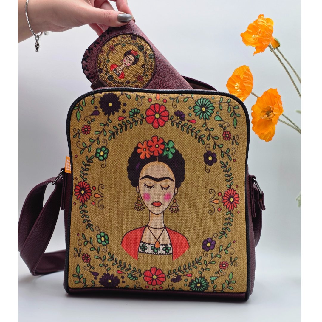 Frida Figürlü Büyük Postacı Kol Çantası Etnik Bohem Style Çanta Bordo Cüzdan Bordo Kombin