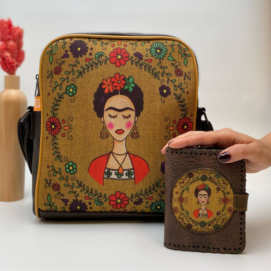 Frida Figürlü Büyük Postacı Kol Çantası Etnik Bohem Style Çanta Kahverengi Cüzdan Kahverengi Kombin