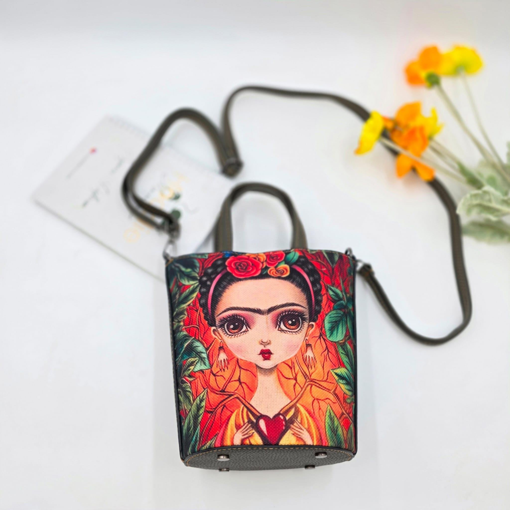 Frida Figürlü Kova Model Çanta Etnik Bohem Style - YESİL