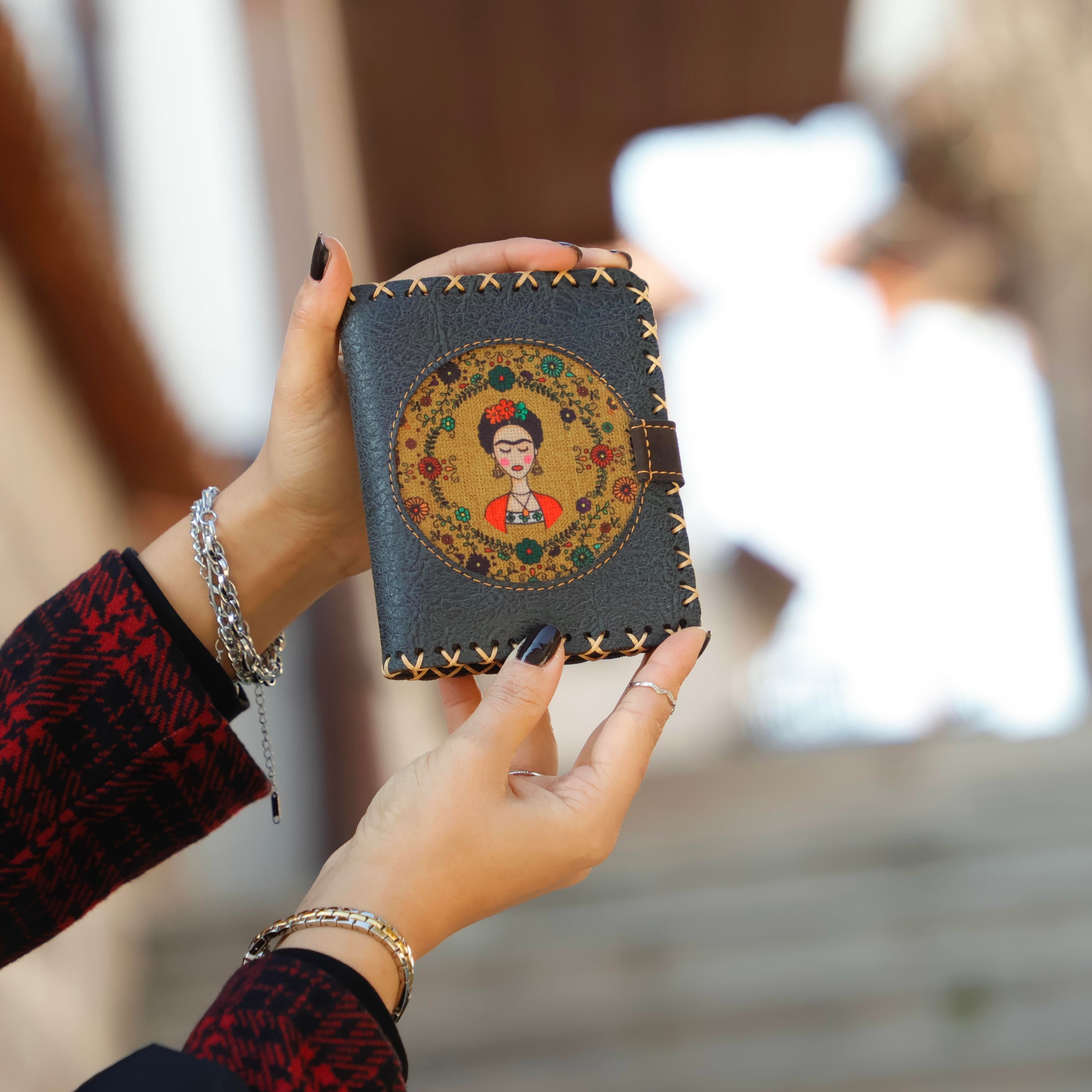 Frida Figürlü Küçük Cüzdan Etnik Bohem Retro Style - Antrasit