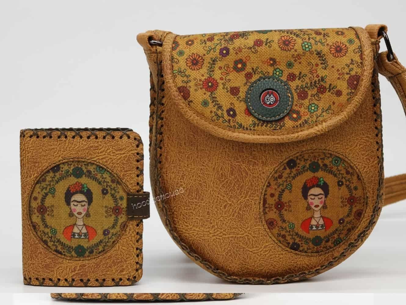 Frida Figürlü Tasarımlı Capraz Örgulu Kol Cantası ve Cuzdan Kombin – Hardal