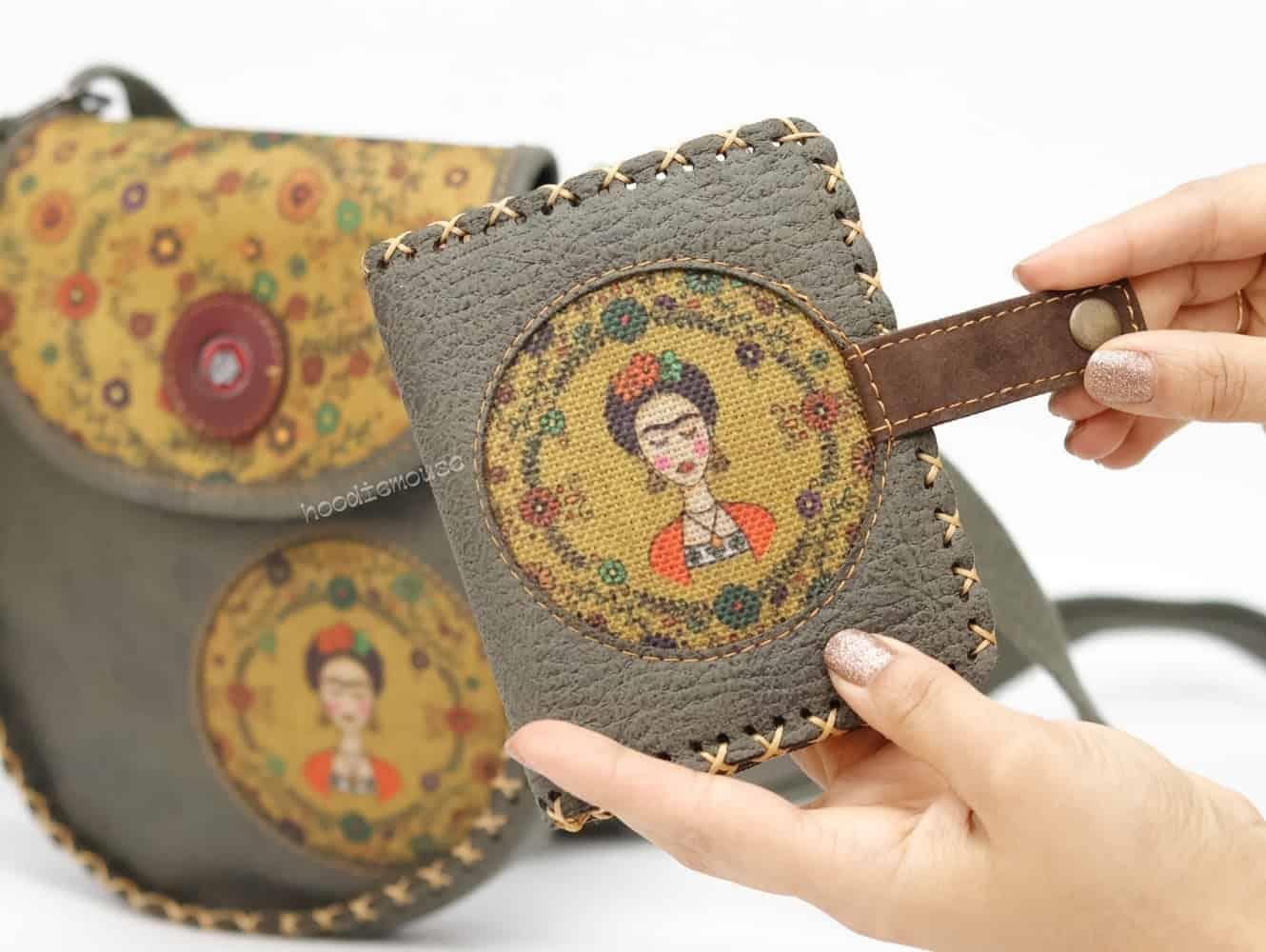 Frida Figürlü Tasarımlı Capraz Örgulu Kol Cantası ve Cuzdan Kombin – Yeşil