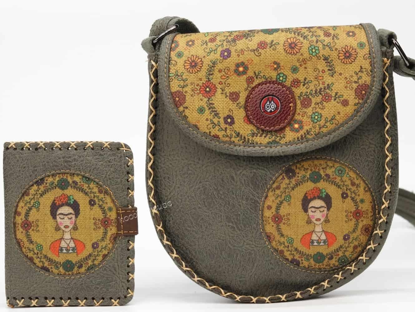 Frida Figürlü Tasarımlı Capraz Örgulu Kol Cantası ve Cuzdan Kombin – Yeşil