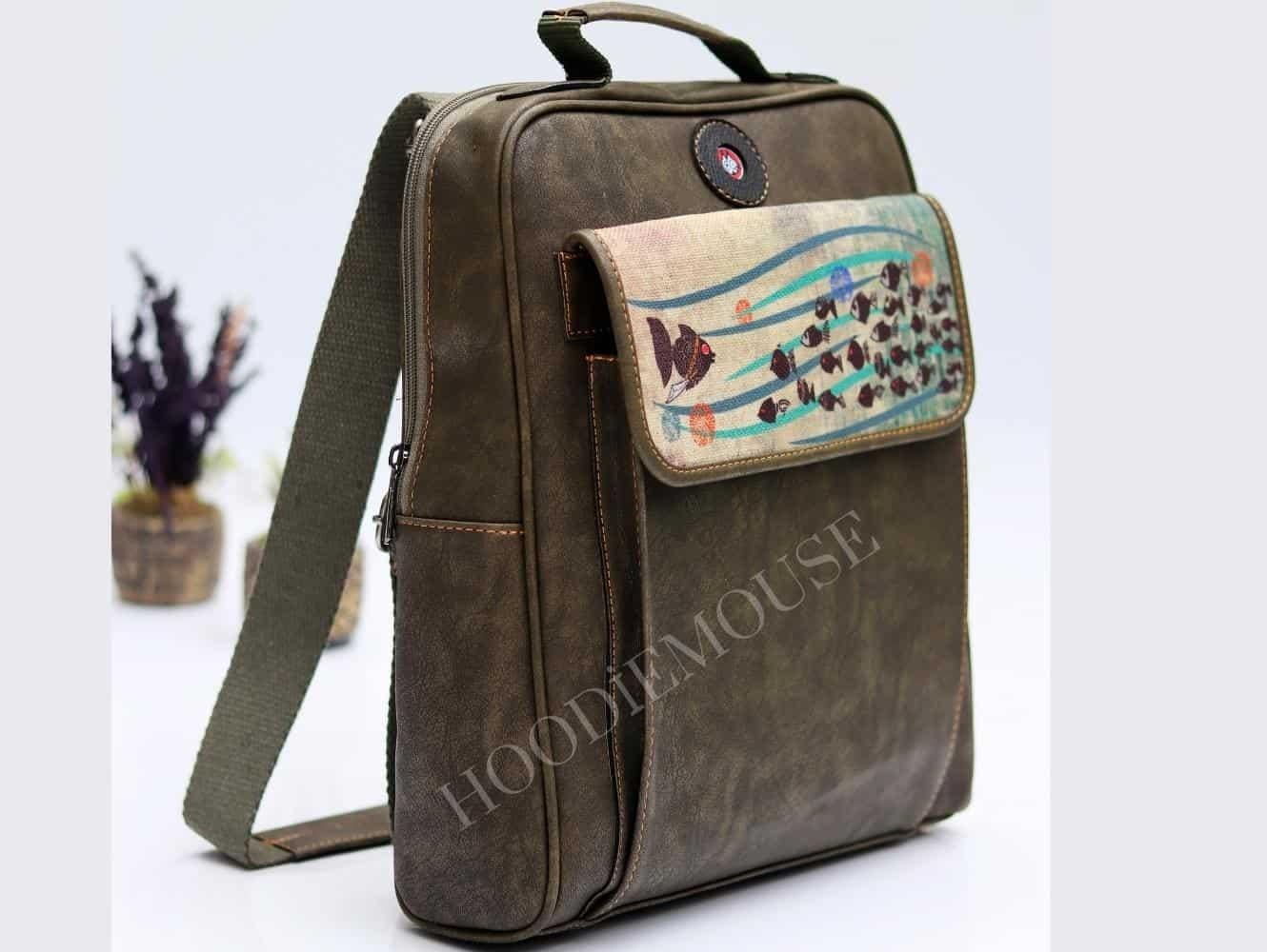 Karabalık  Figürlü Unisex Canta Hem Sırt Hem Capraz Hem Elde Etnik Bohem Style - HAKİ YEŞİL