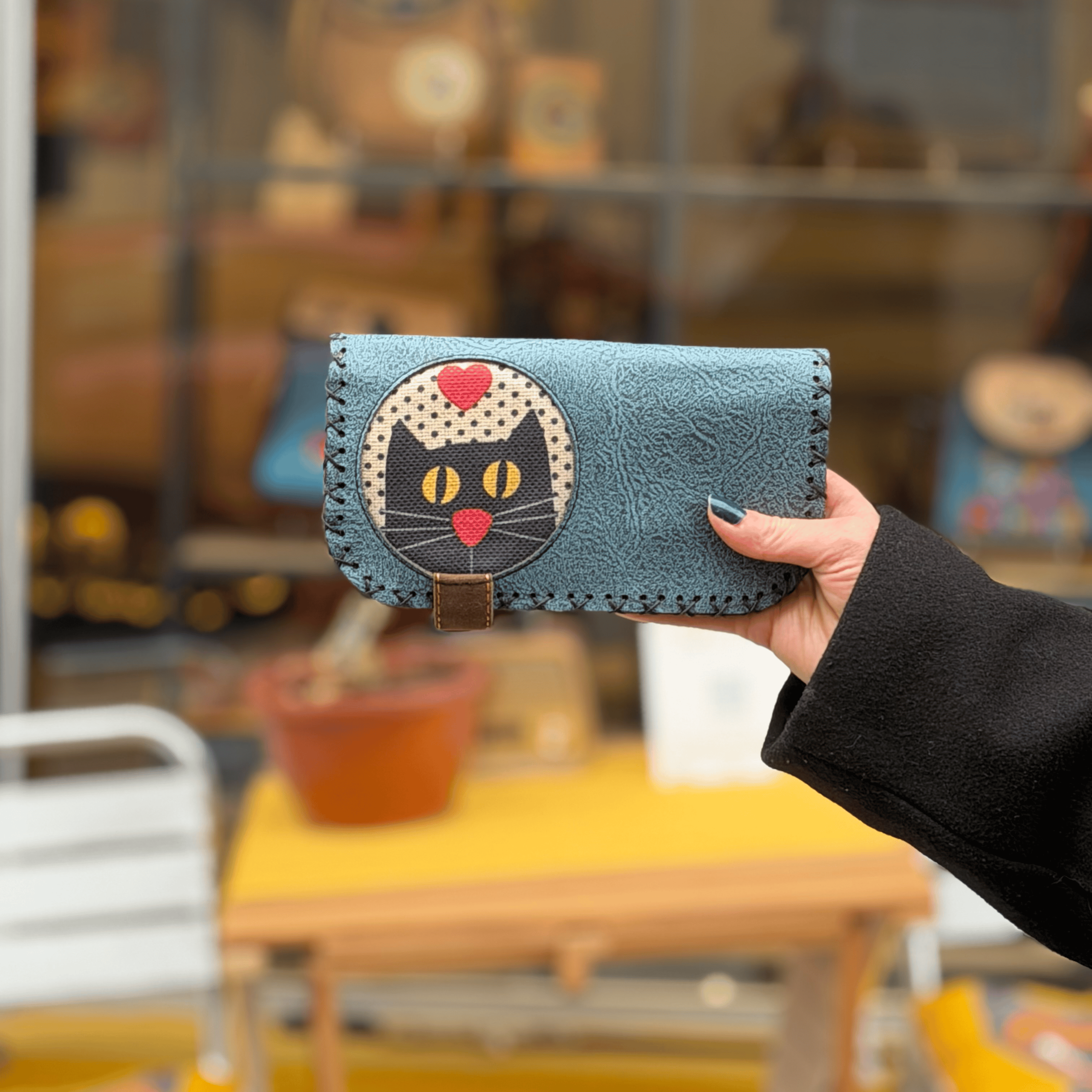 Kedi Aşkı Figürlü Büyük Cüzdan Etnik Bohem Retro Vintage Style - PETROL