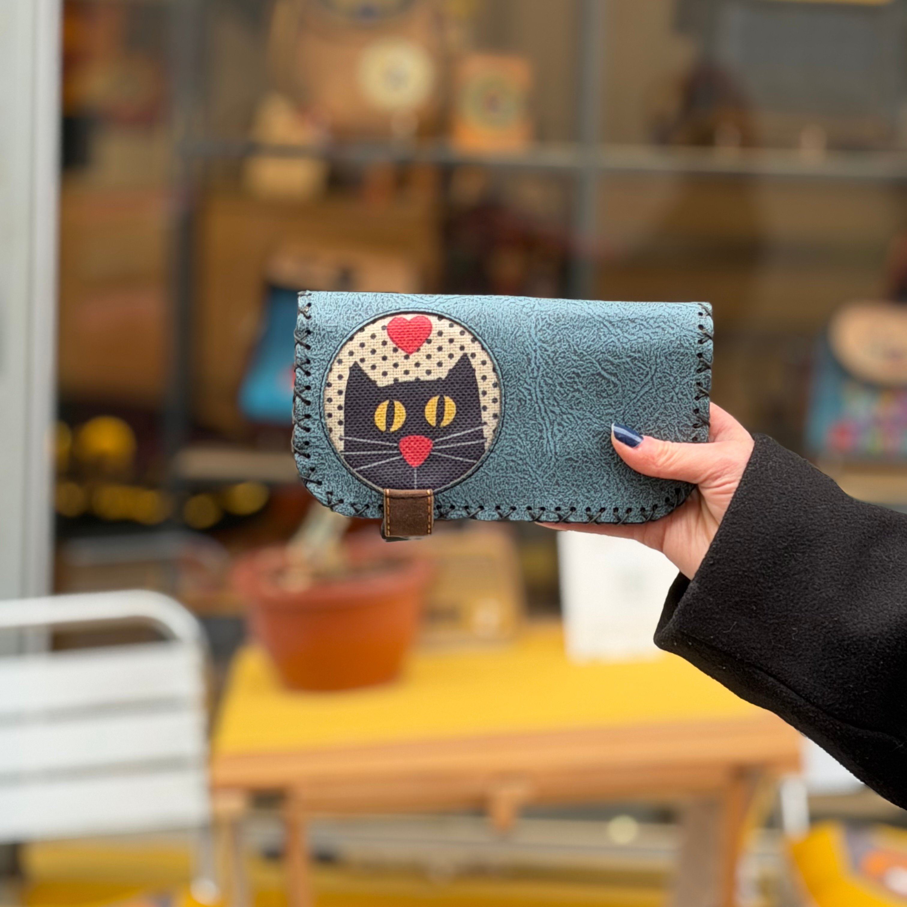 Kedi Aşkı Figürlü Büyük Cüzdan Etnik Bohem Retro Vintage Style - PETROL