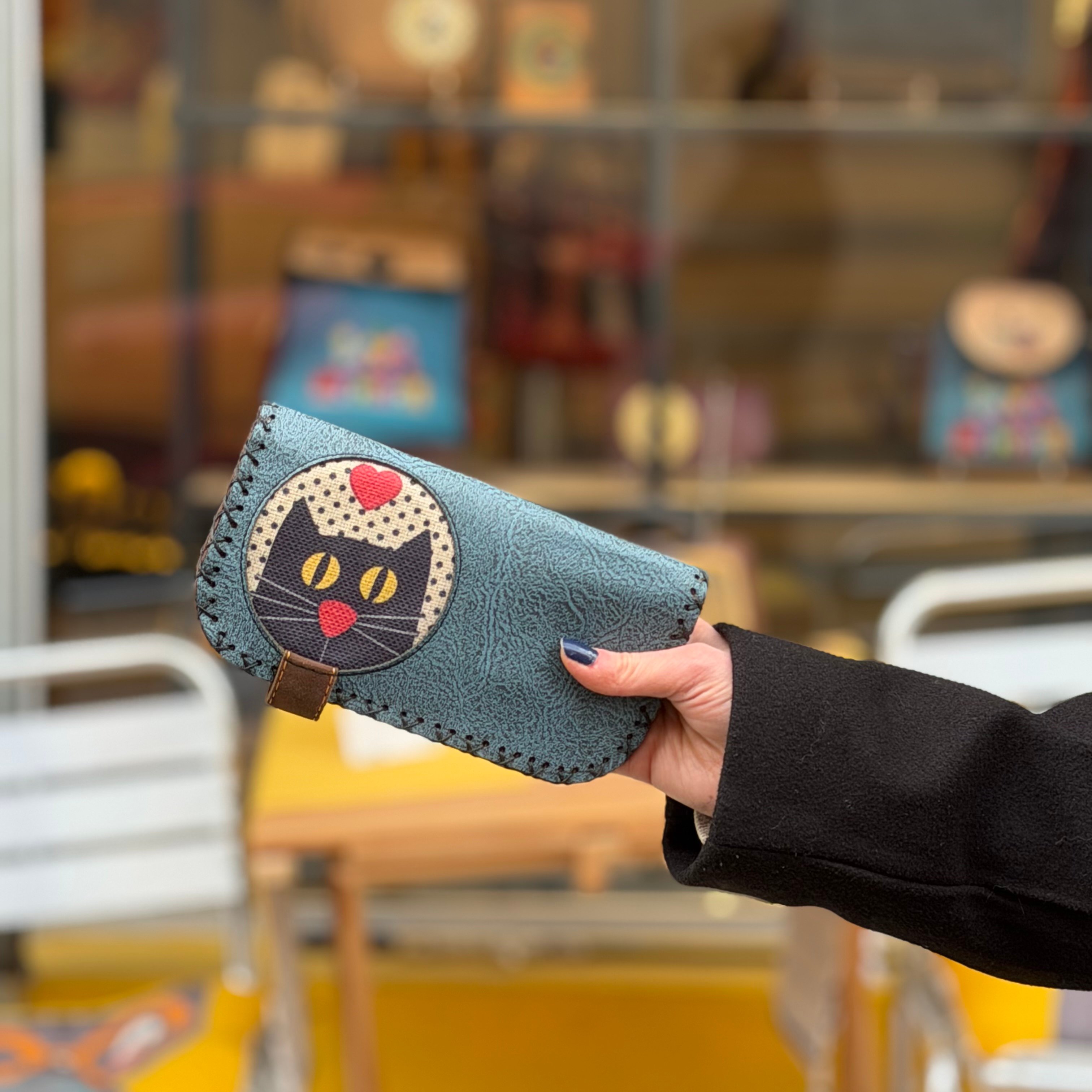 Kedi Aşkı Figürlü Büyük Cüzdan Etnik Bohem Retro Vintage Style - PETROL