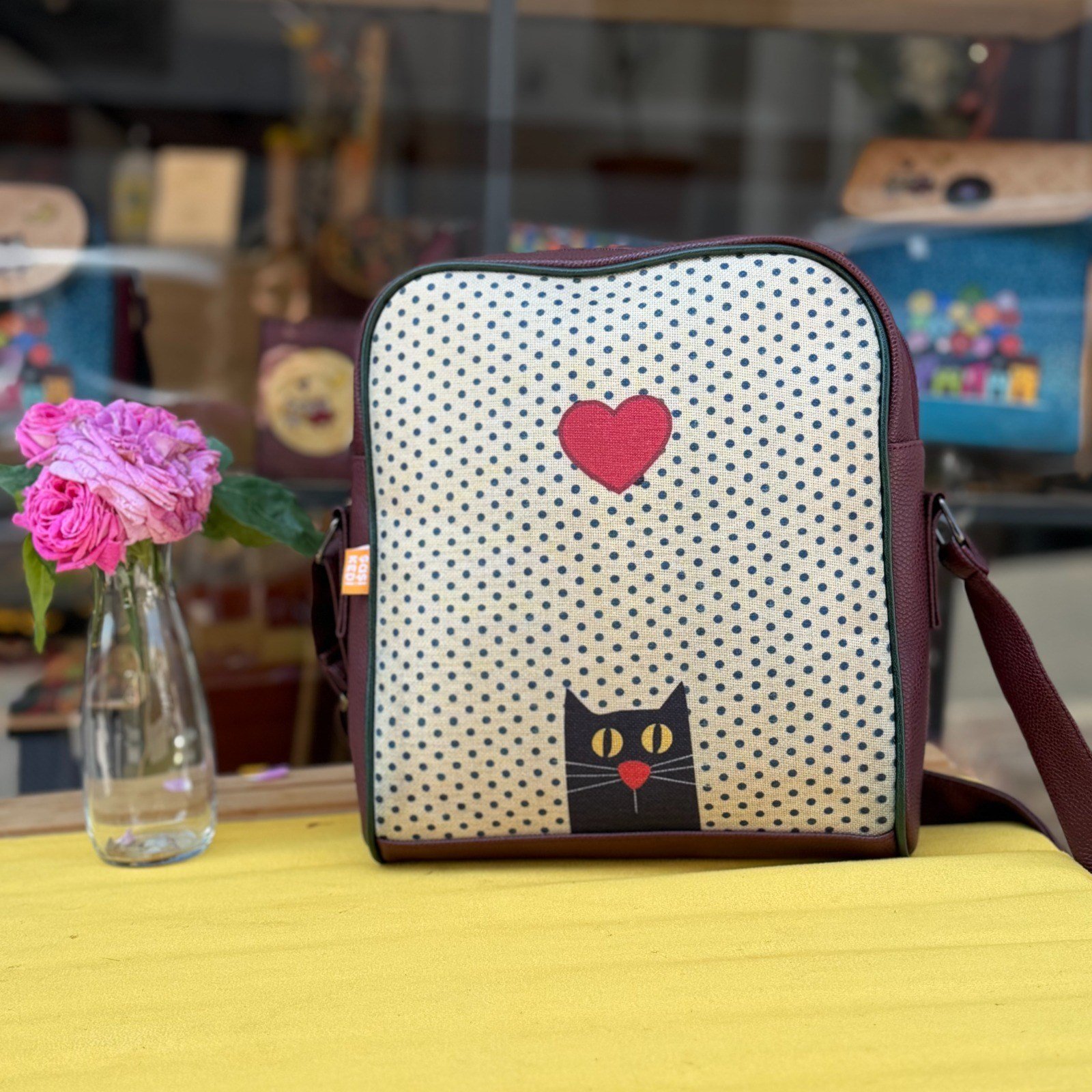 Kedi Aşkı Figürlü Büyük Postacı Kol Çantası Etnik Bohem Style -Bordo