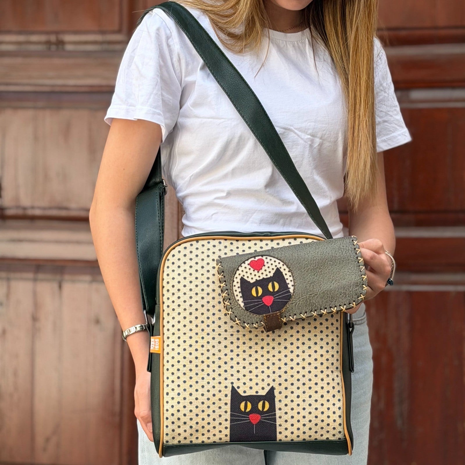Kedi Aşkı Figürlü Büyük Postacı Kol Çantası Yeşil- Etnik Bohem Style  Cüzdan Yeşil Kombin