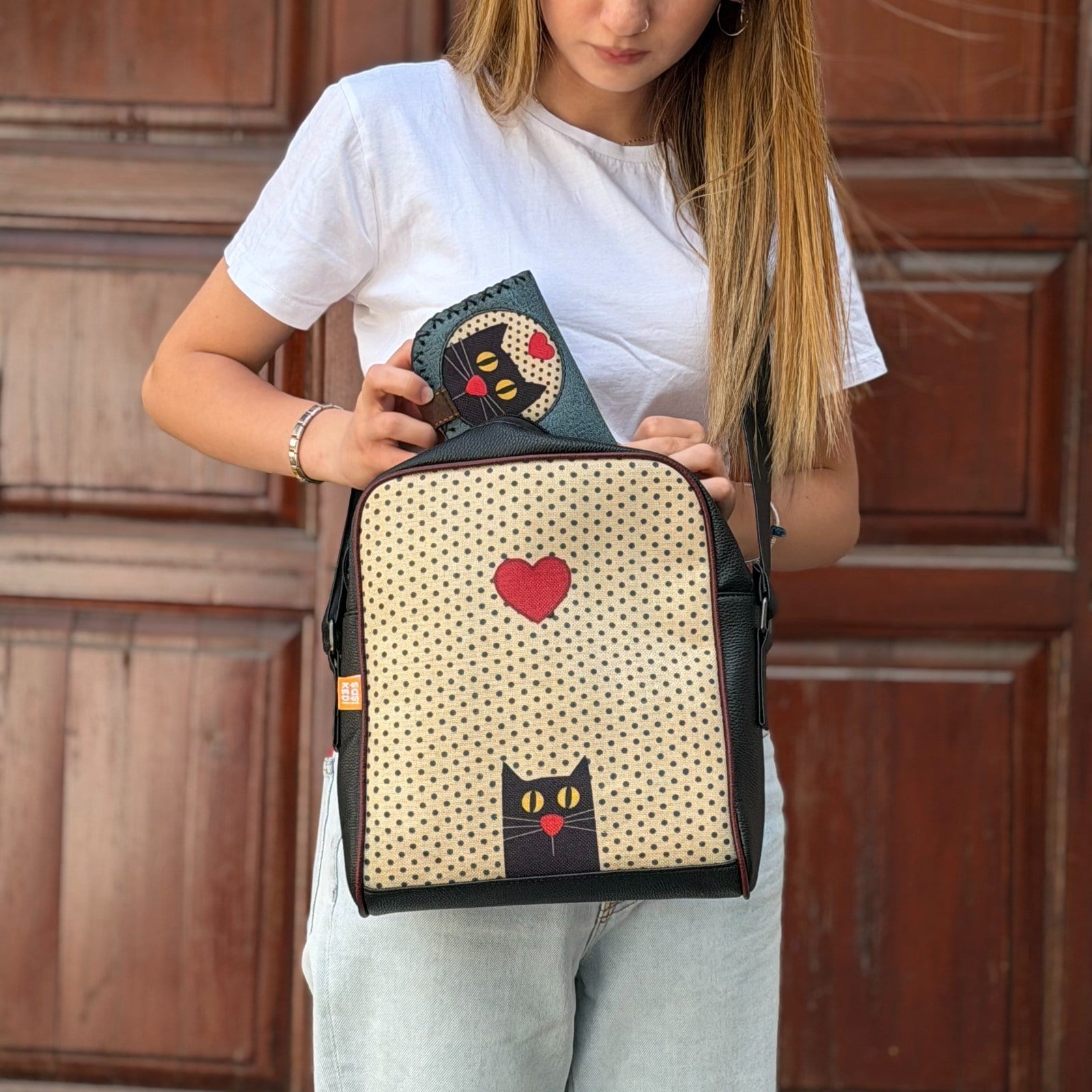 Kedi Aşkı Figürlü Büyük Postacı Kol Çantası YSiyah- Etnik Bohem Style  Cüzdan Petrol Kombin