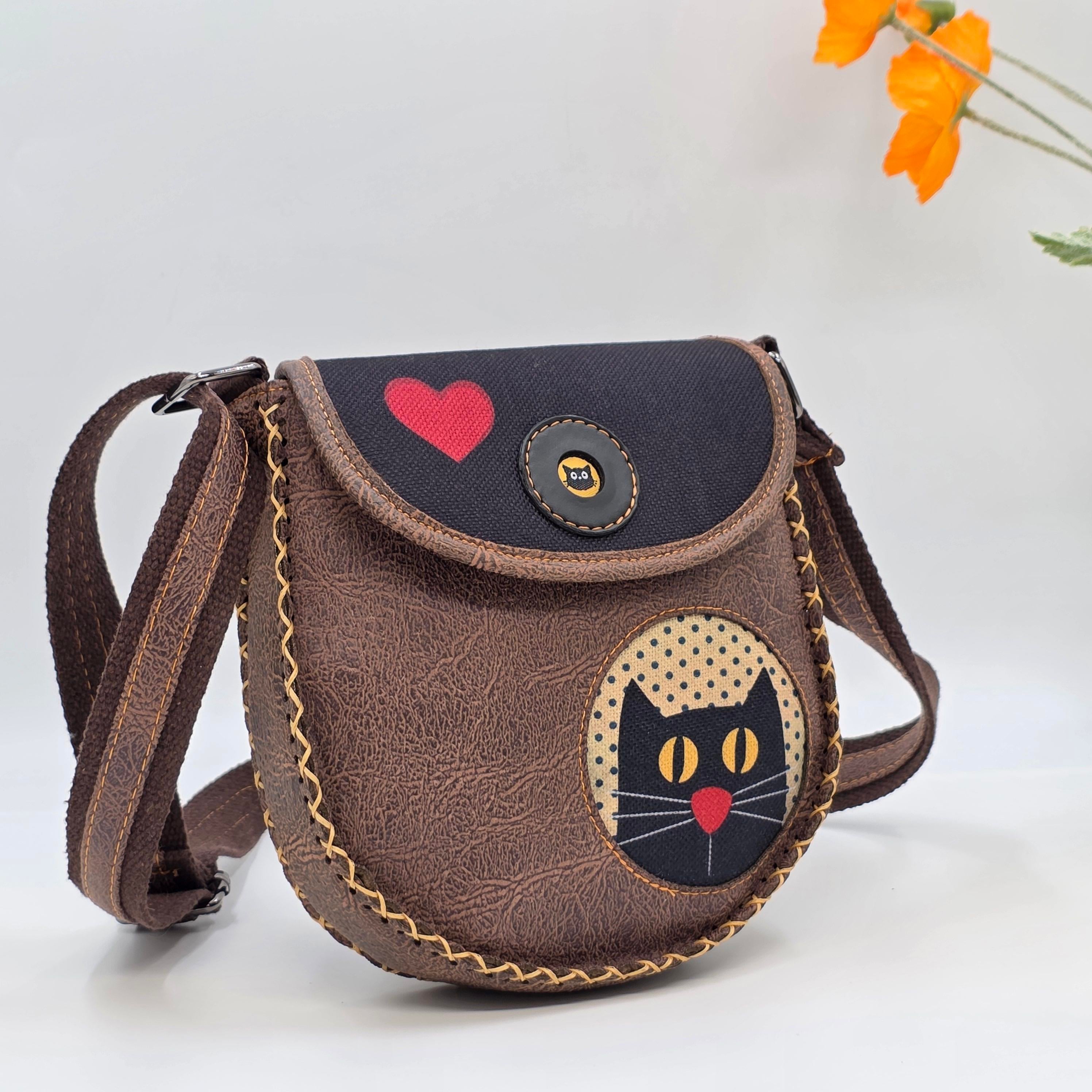 Kedi Aşkı Figürlü Çapraz Örgülü Kol Çantası Etnik Bohem Style - Kahverengi