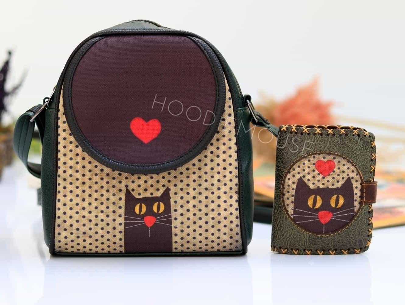 Kedi Aski Figürlü Küçük Postacı Çanta ve Küçük Cüzdan Kombin