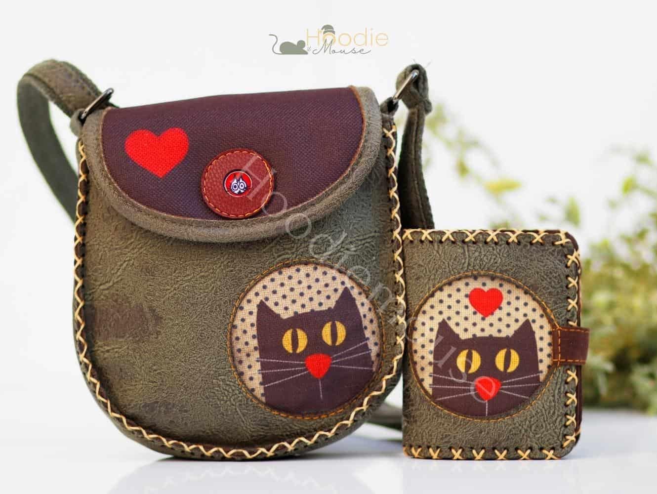 Kedi Aski Figurlu Tasarımlı Capraz Örgulu Kol Cantası ve Cuzdan Kombin – Yesil