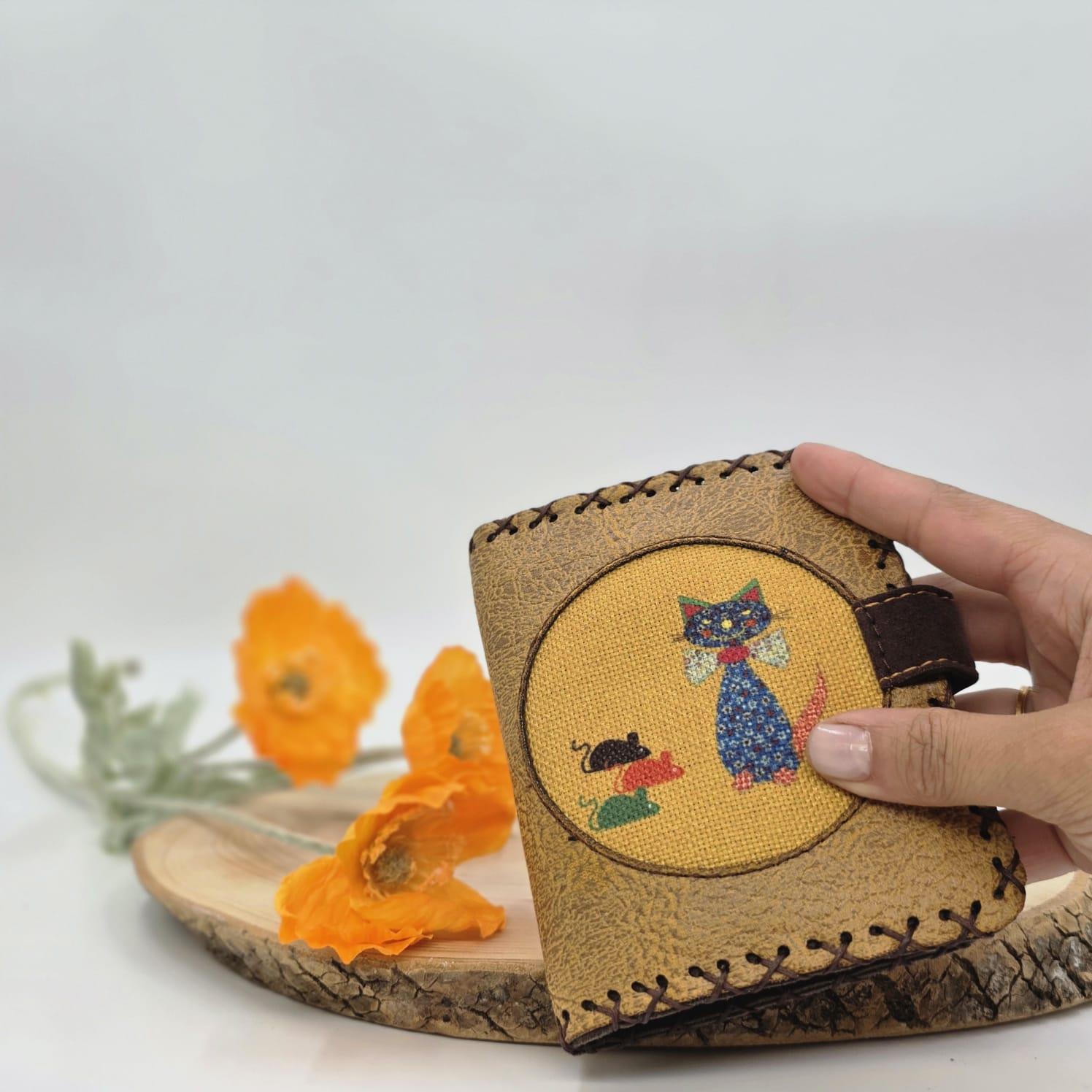 Kedi Fare Figürlü Küçük Cüzdan Etnik Bohem Retro Style -Hardal