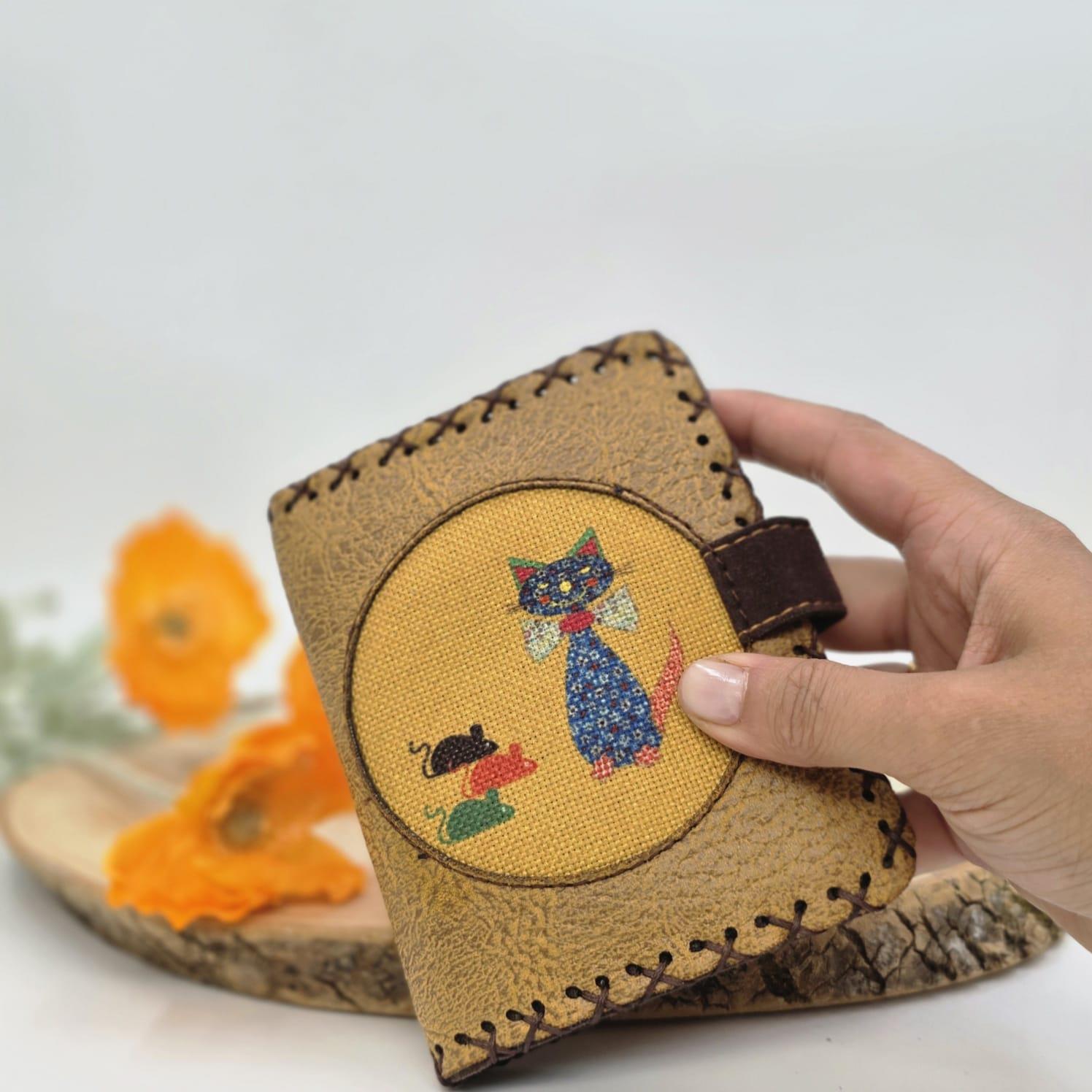 Kedi Fare Figürlü Küçük Cüzdan Etnik Bohem Retro Style -Hardal