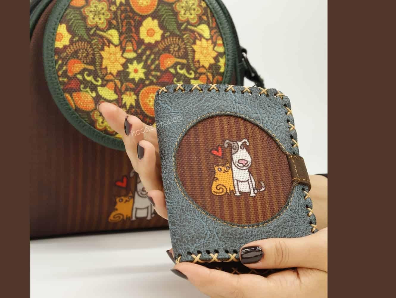 Kedi Ve Köpek Figürlü Küçük Postacı Çanta ve Küçük Cüzdan Kombin (Çanta Siyah, Cüzdan Petrol)