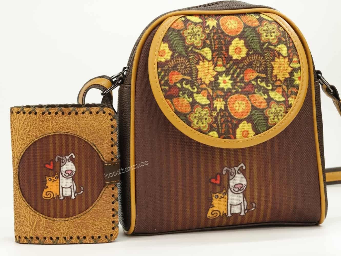 Kedi Ve Köpek Figürlü Küçük Postacı Çanta ve Küçük Cüzdan Kombin (Çanta Kahve, Cüzdan Hardal)