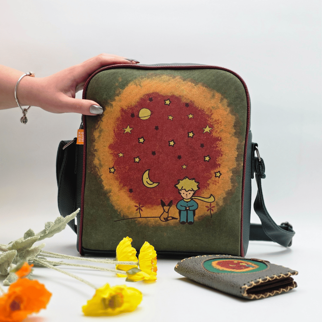 Küçük Prens Figürlü Büyük Postacı Kol Çantası Yesil, EKüçük Cüzdan Yesil Etnik Bohem Style KOMBİN
