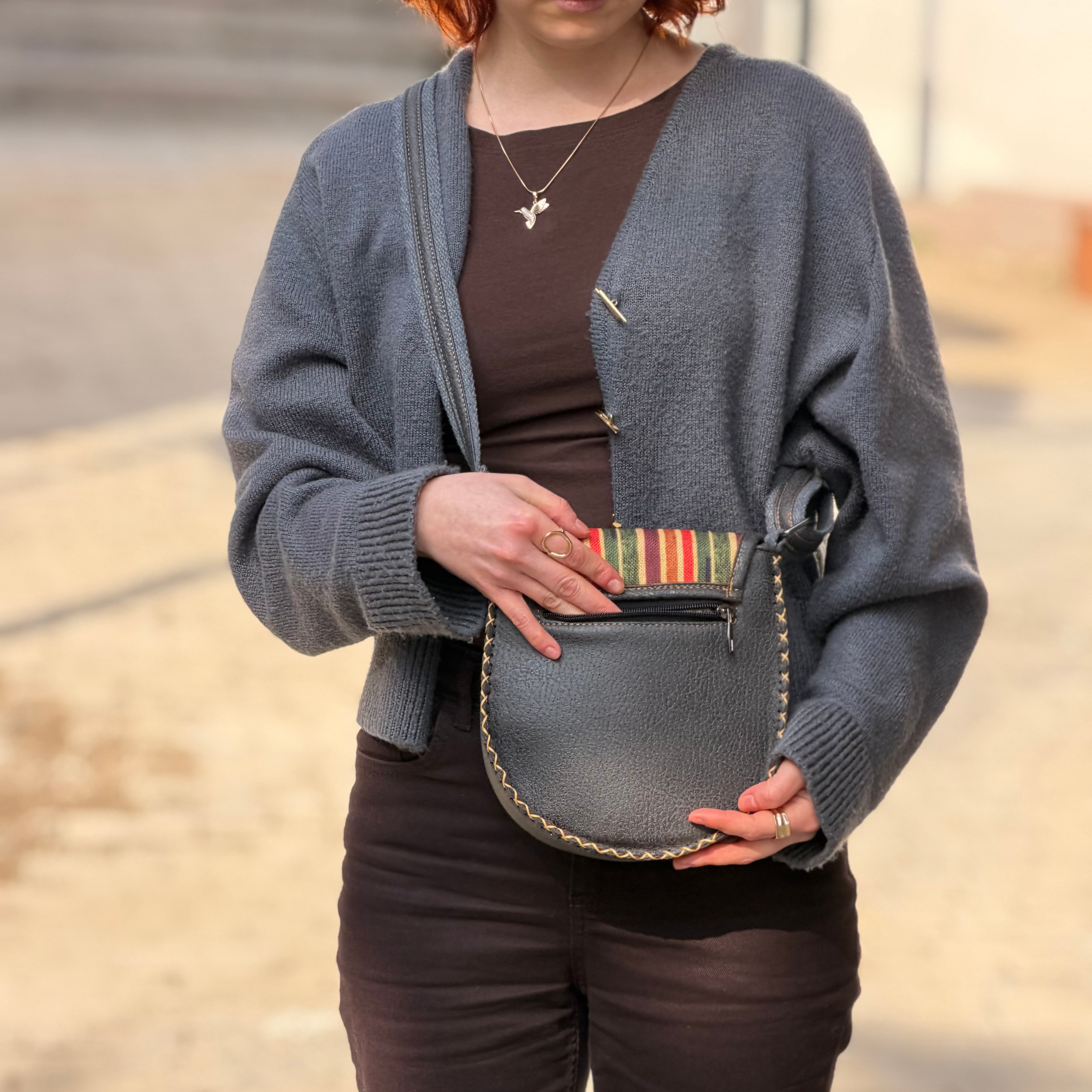 Kuş Figürlü Çapraz Örgülü Kol Çantası Etnik Bohem Style - Antrasit