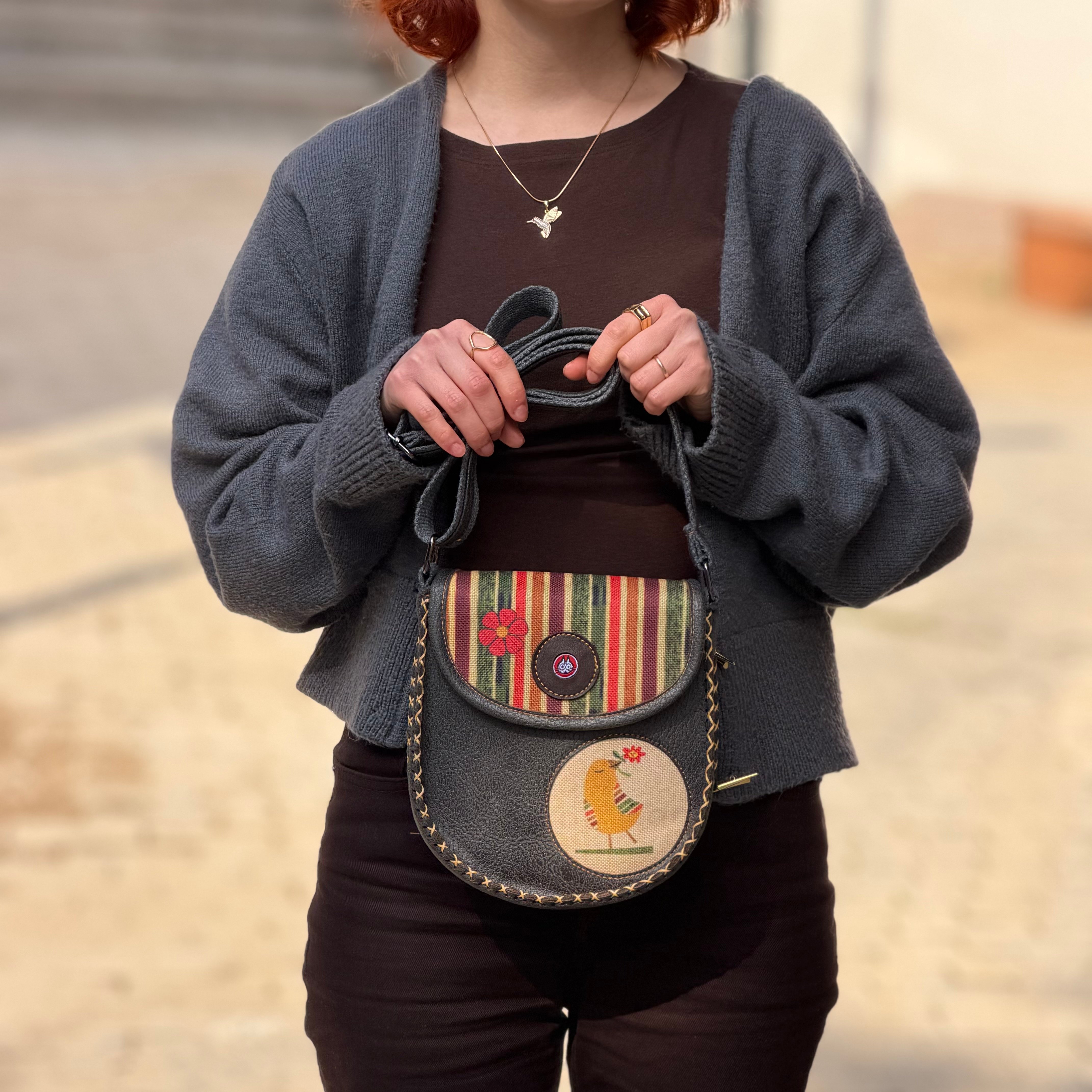 Kuş Figürlü Çapraz Örgülü Kol Çantası Etnik Bohem Style - Antrasit