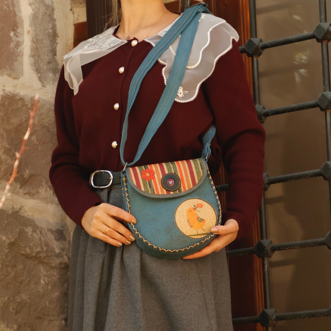 Kuş Figürlü Çapraz Örgülü Kol Çantası Etnik Bohem Style - Petrol
