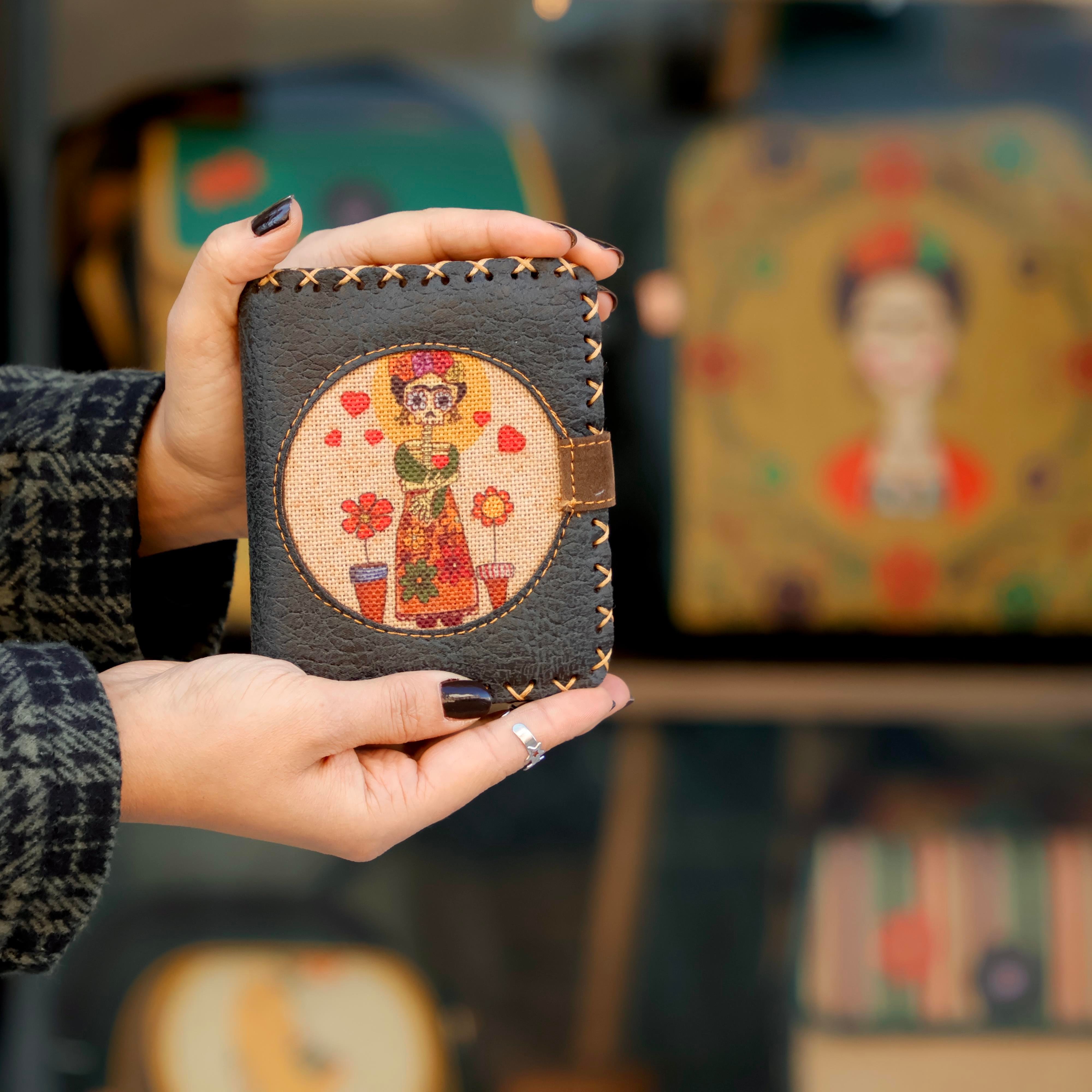 Mexican F. Kahlo Figürlü Küçük Cüzdan Etnik Bohem Retro Style - Antrasit