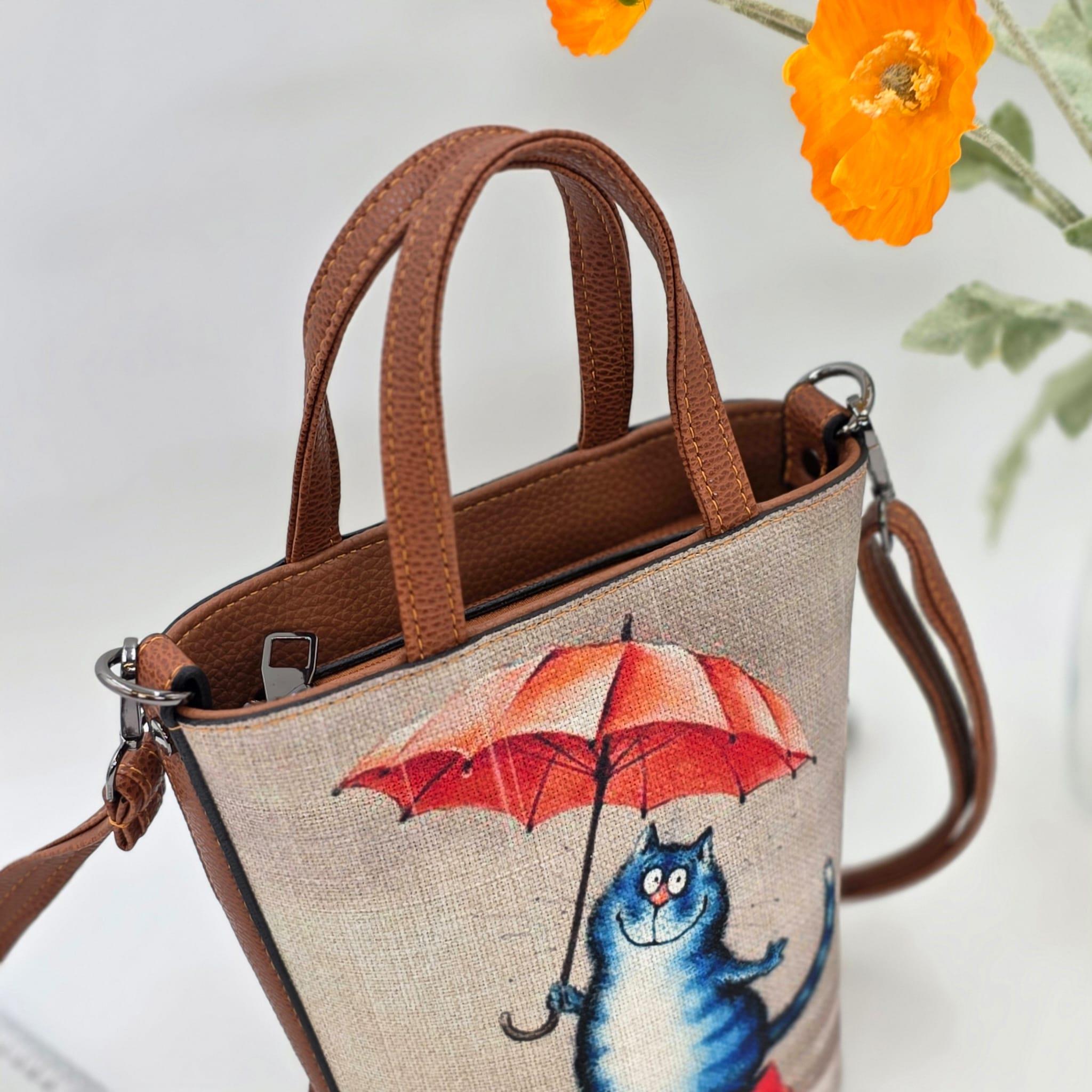 Şemsiye Tutan Kedi Tasarımlı Kova Çanta Etnik Bohem Style - TABA