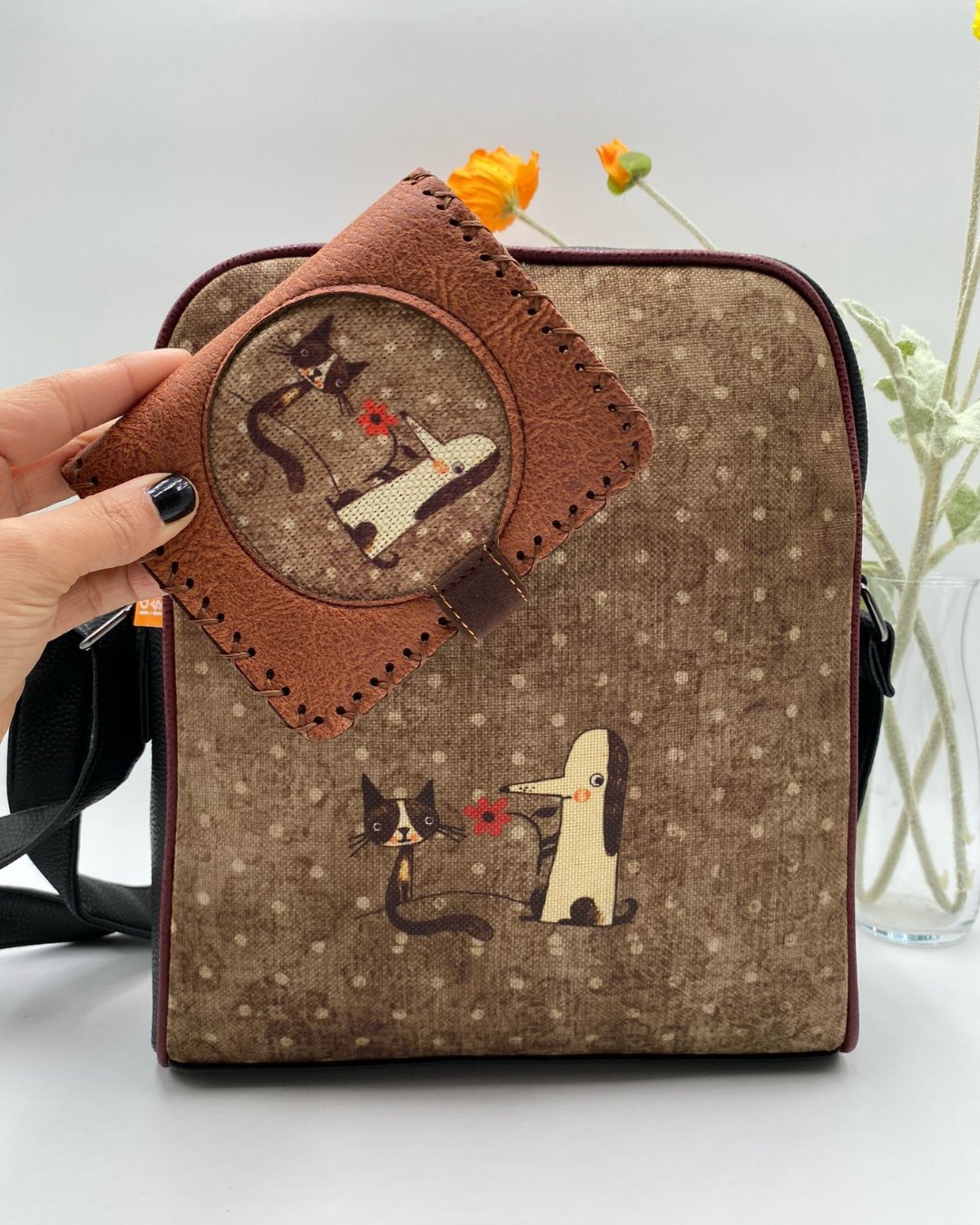 Tilki Figürlü Büyük Postacı Kol Çantası Etnik Bohem Style Çanta Siyah, Cüzdan Taba KOMBİN