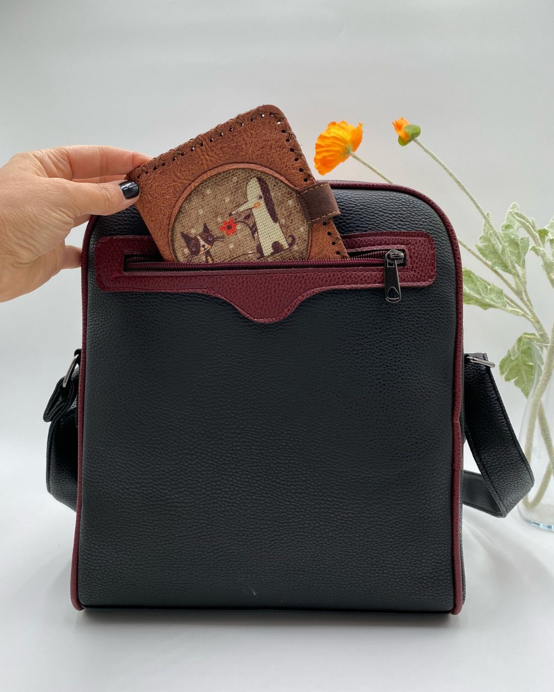 Tilki Figürlü Büyük Postacı Kol Çantası Etnik Bohem Style Çanta Siyah, Cüzdan Taba KOMBİN
