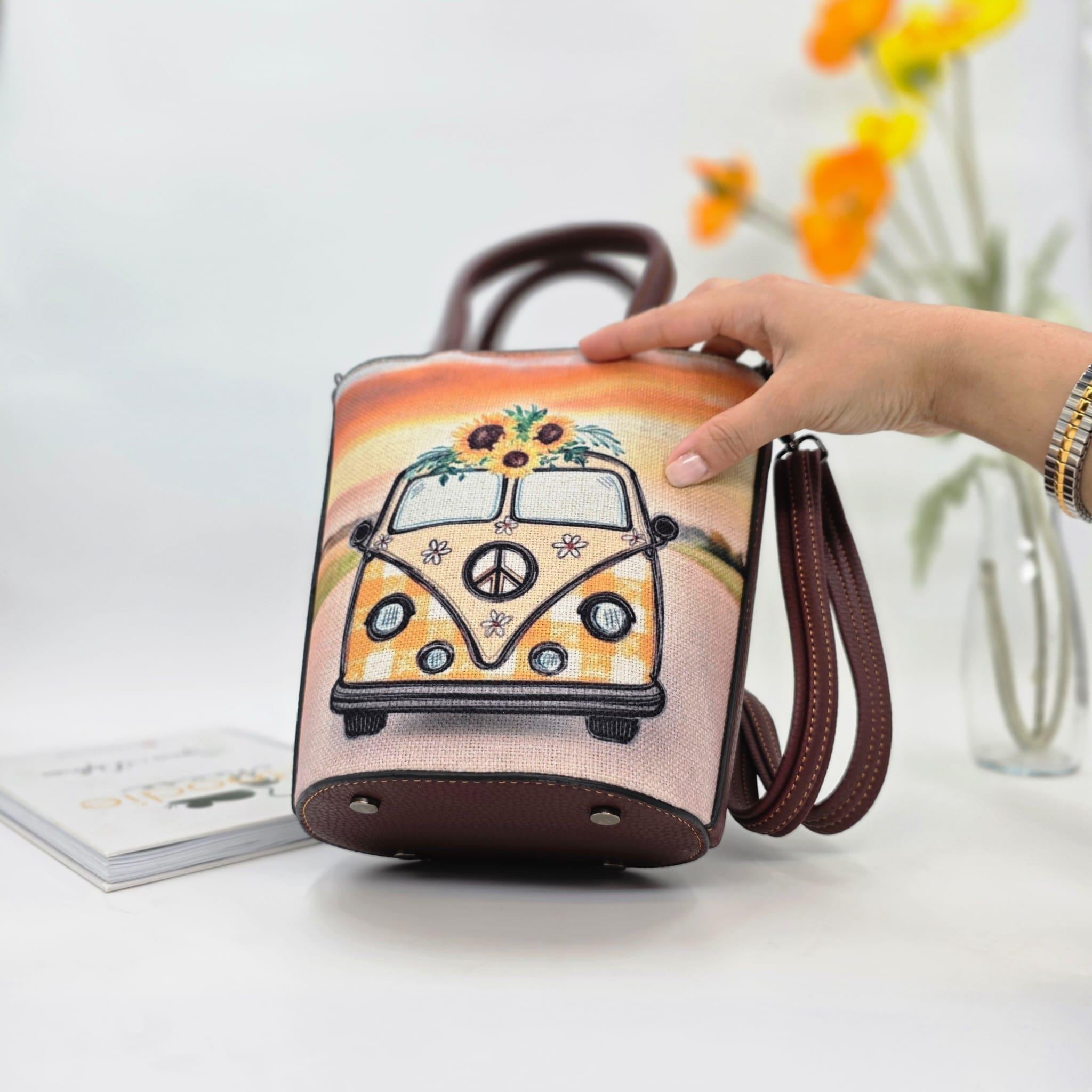 Vosvos Figürlü Kova Model Çanta Etnik Bohem Style - BORDO