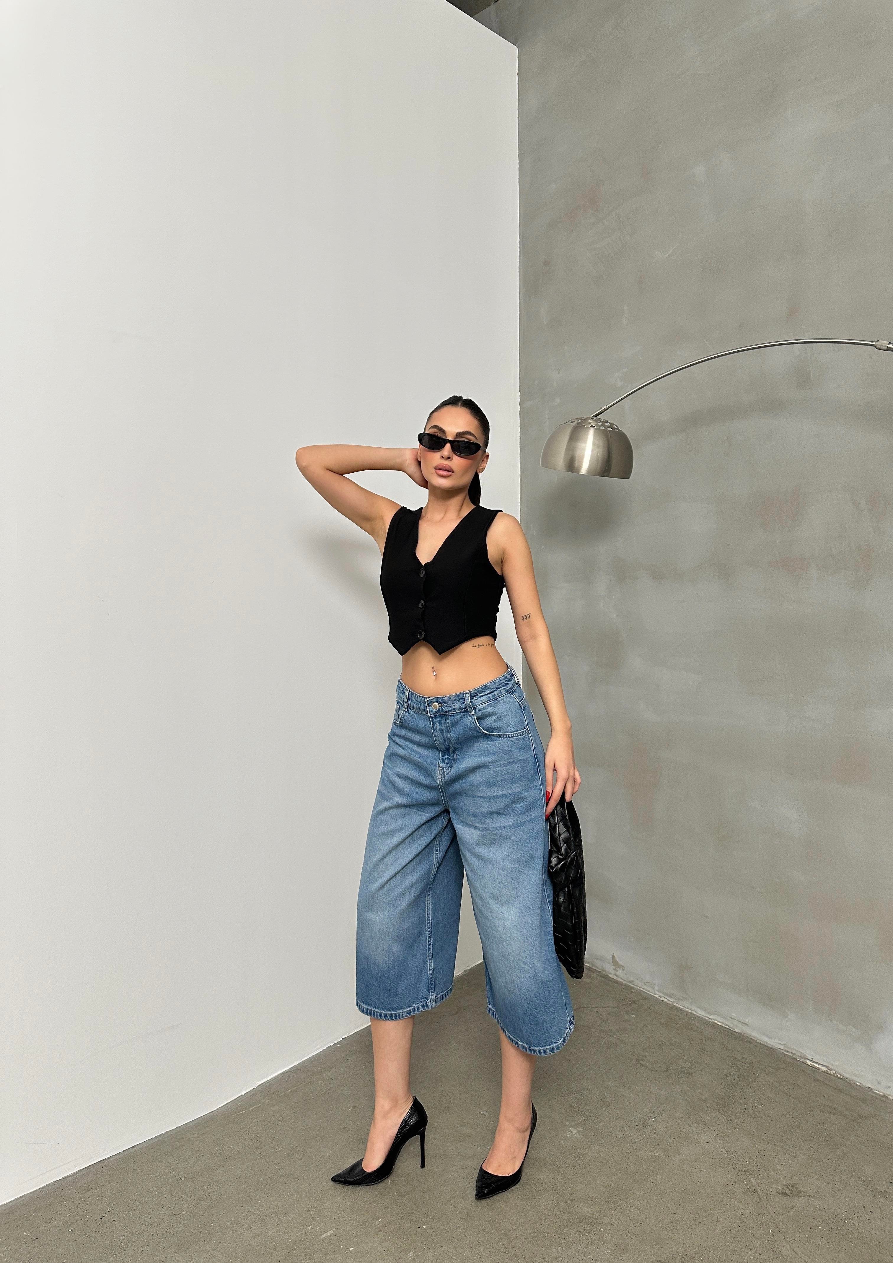 LACARINOKadın Baggy Model Blue Bermuda Jean 