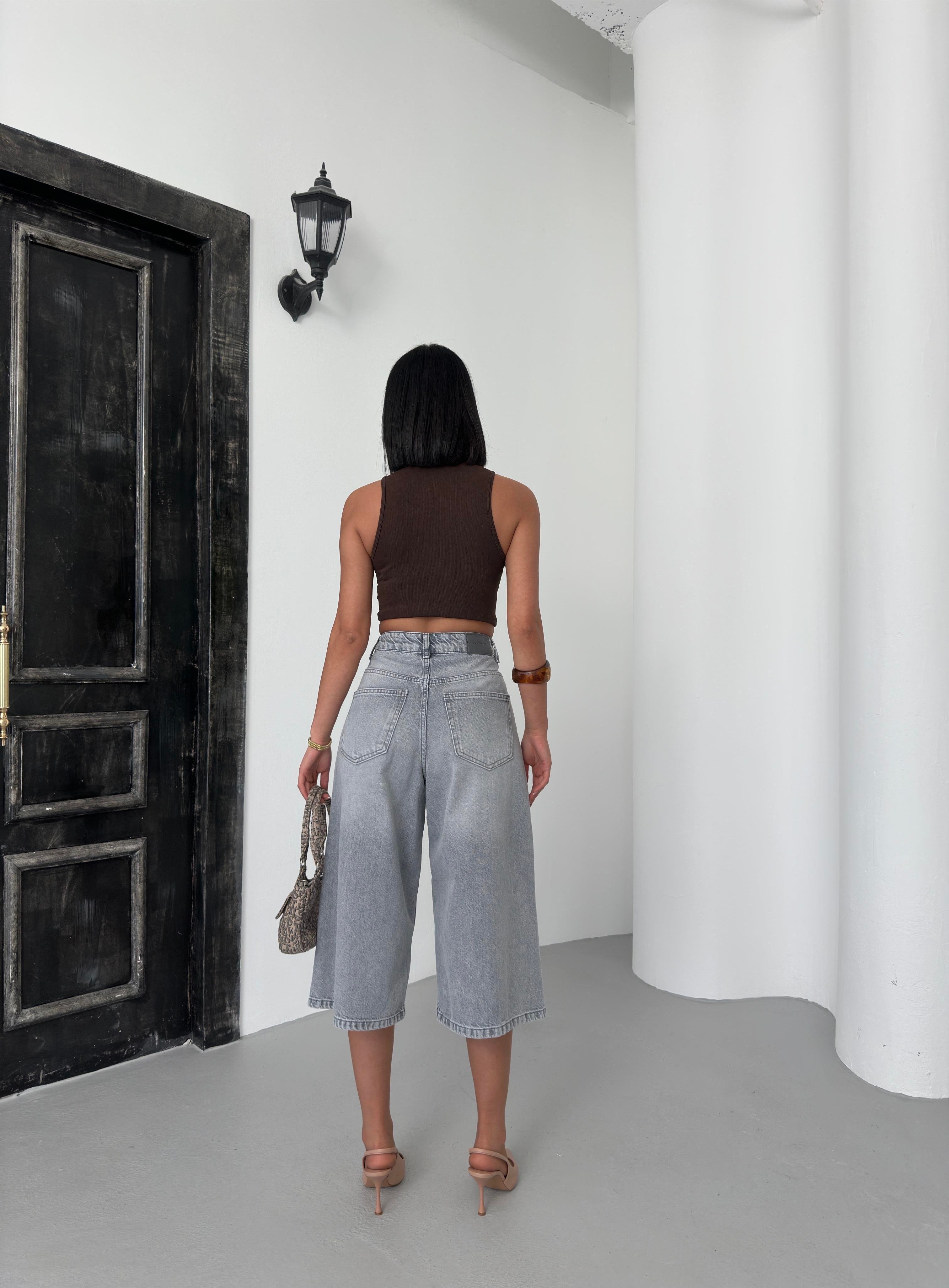 LACARINOKadın Baggy Model Gri Bermuda Jean