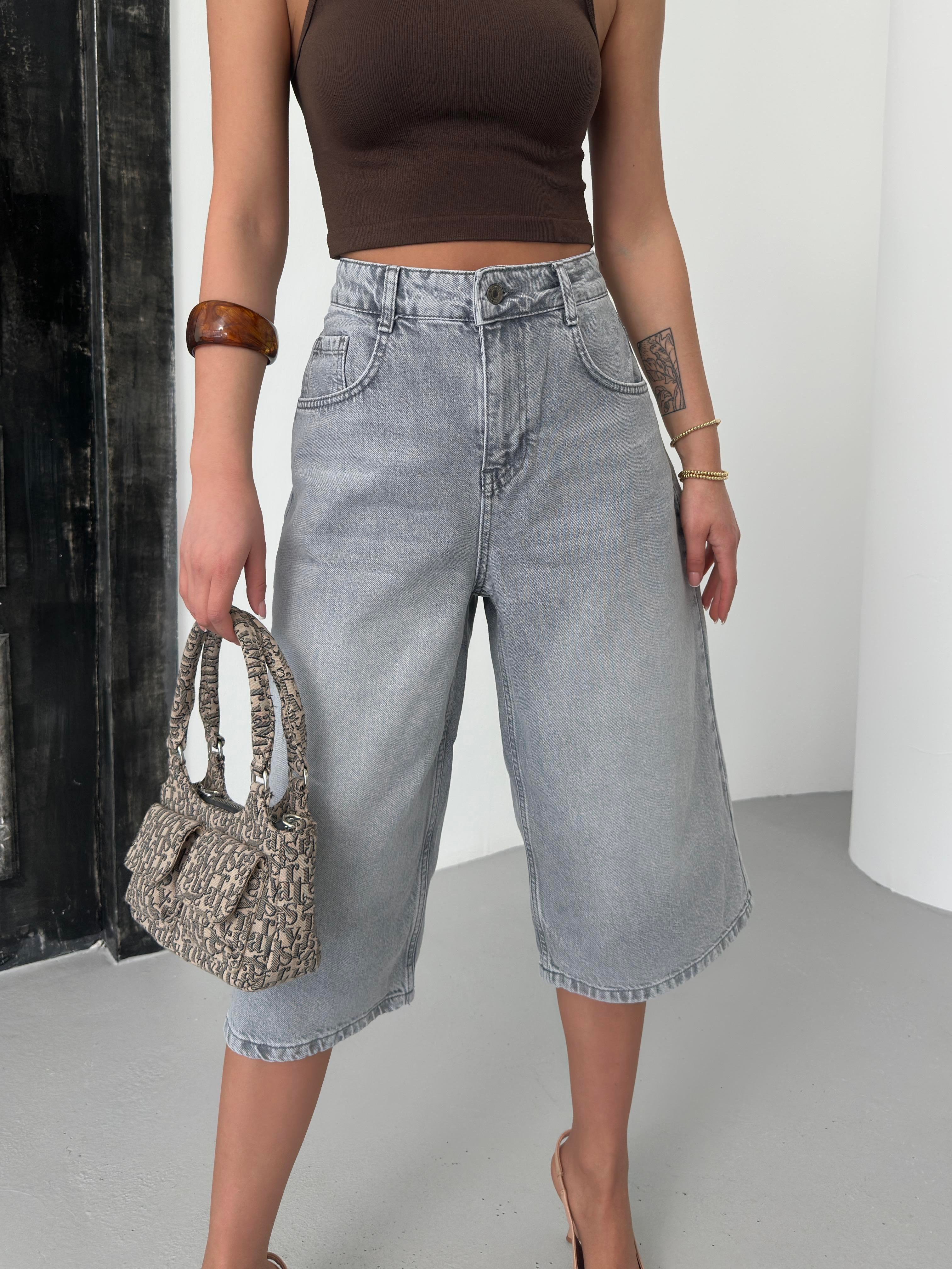 LACARINOKadın Baggy Model Gri Bermuda Jean
