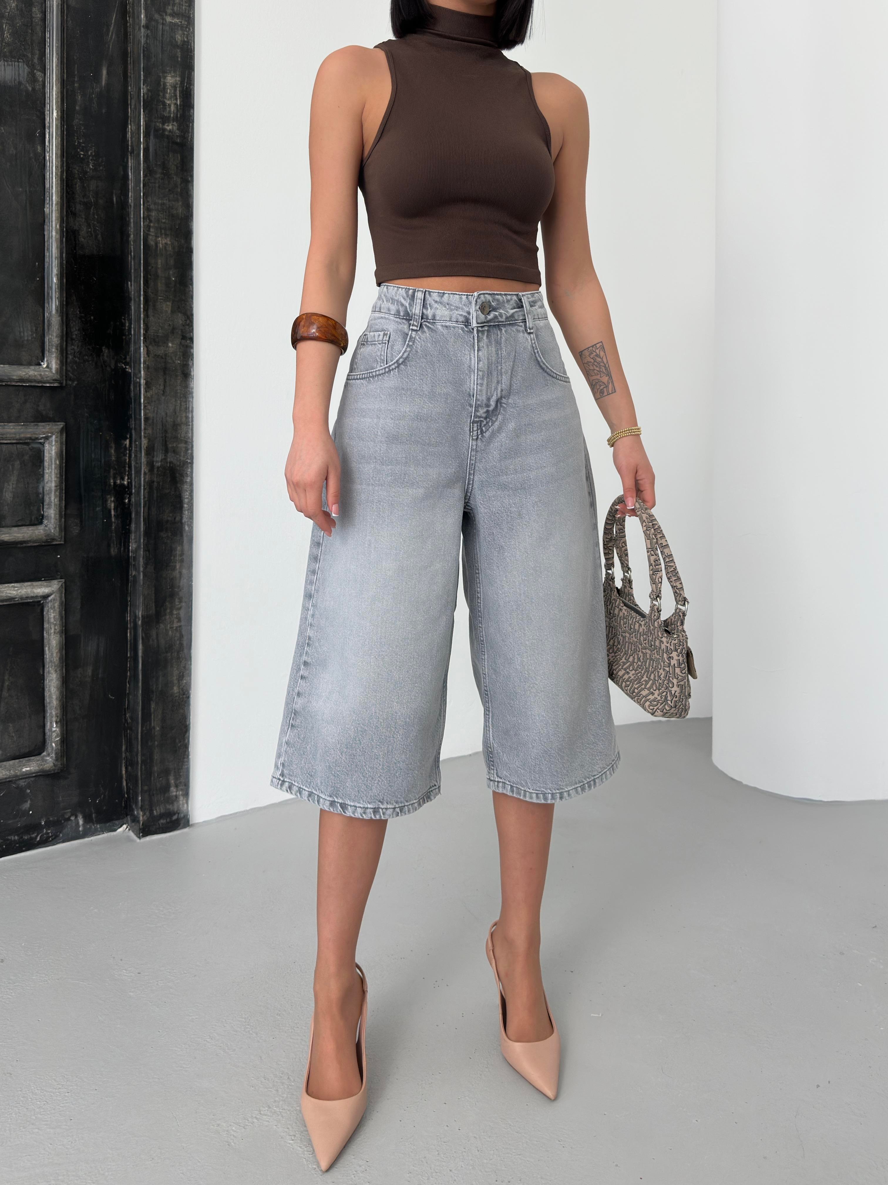 LACARINOKadın Baggy Model Gri Bermuda Jean