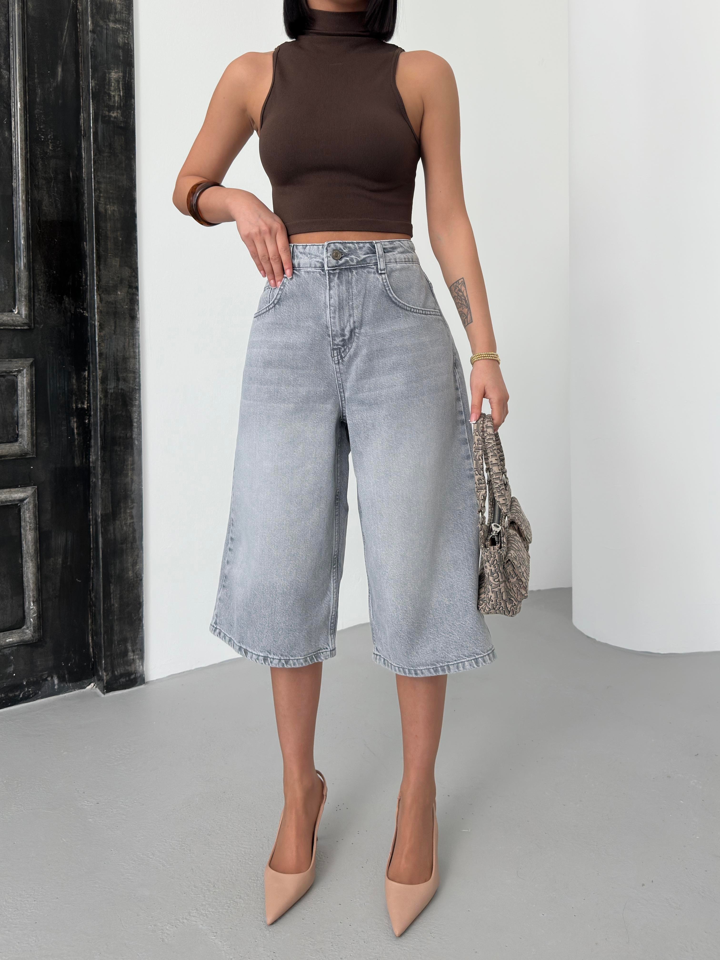LACARINOKadın Baggy Model Gri Bermuda Jean