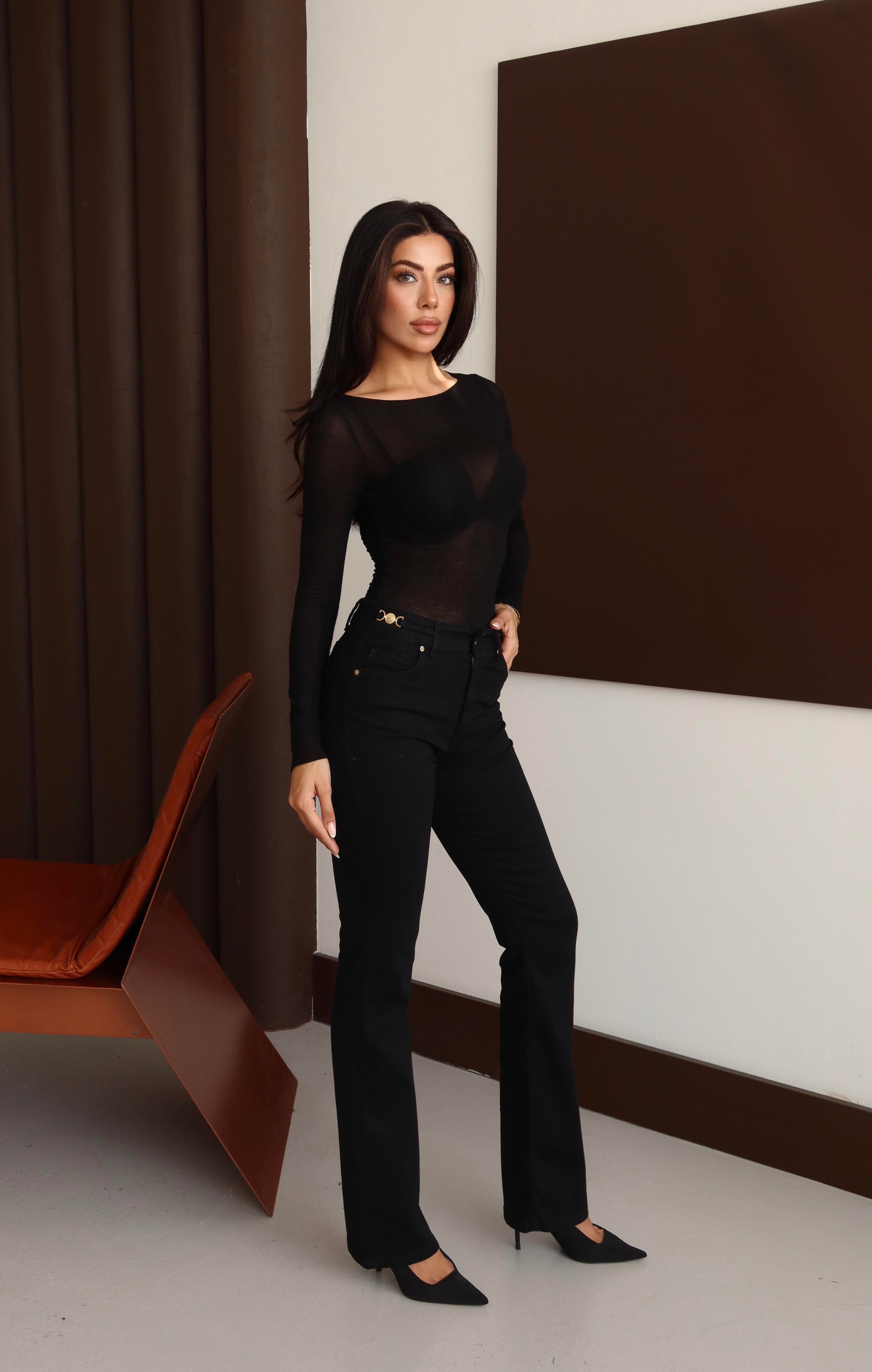 LACARINOHigh Waist Belt Buckle Detailed Half Spanish Leg Black Jeans