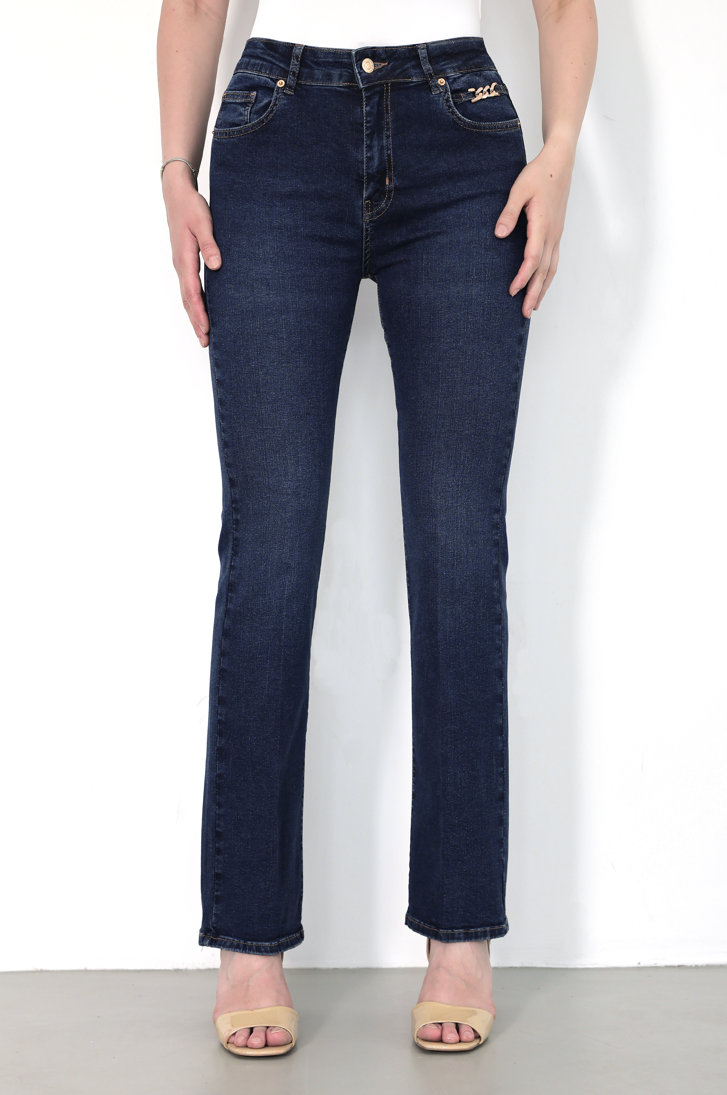 LACARINOZincir Detaylı Yarım İspanyol paça Dark Blue Jean Pantolon