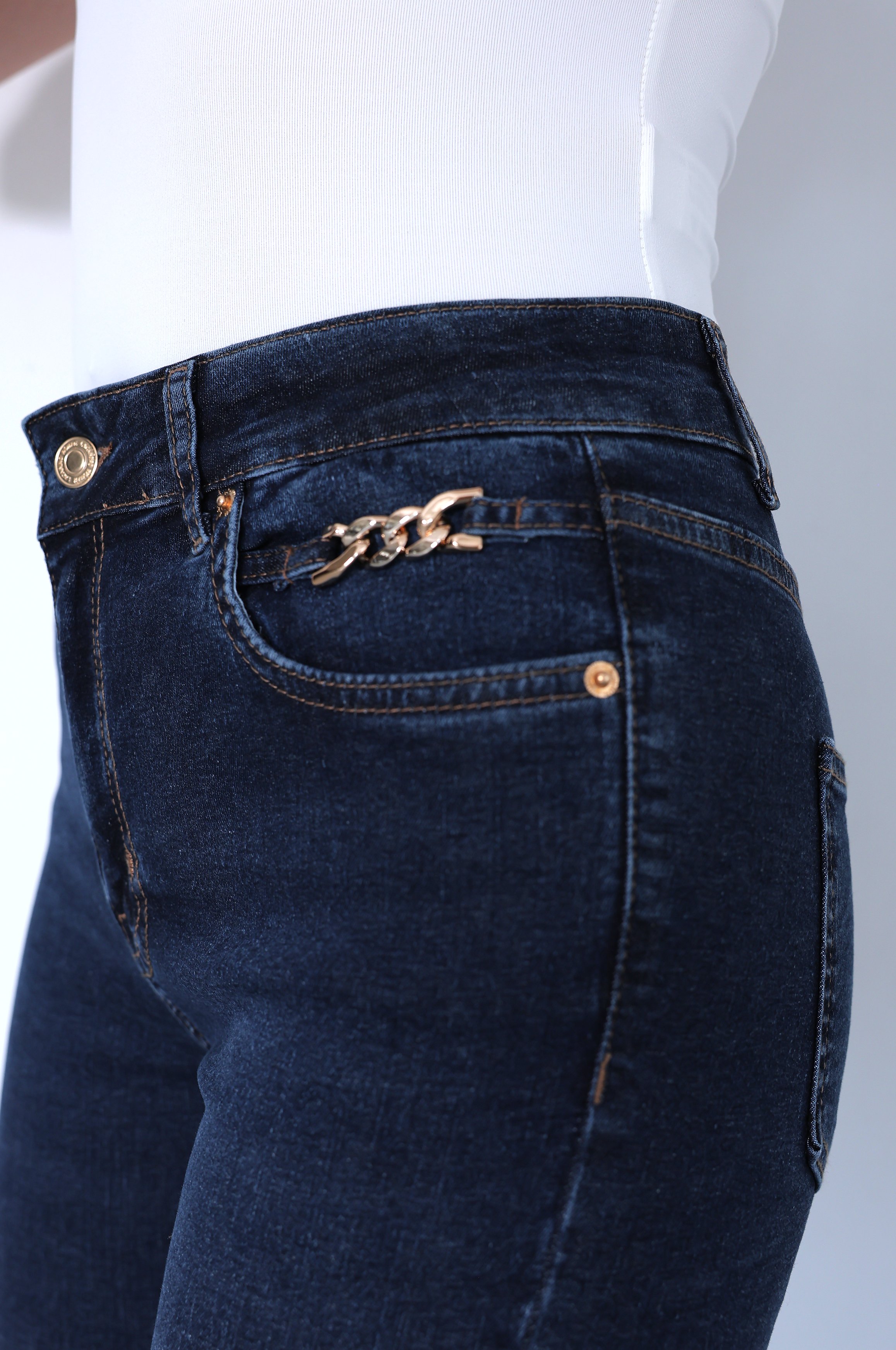 LACARINOZincir Detaylı Yarım İspanyol paça Dark Blue Jean Pantolon