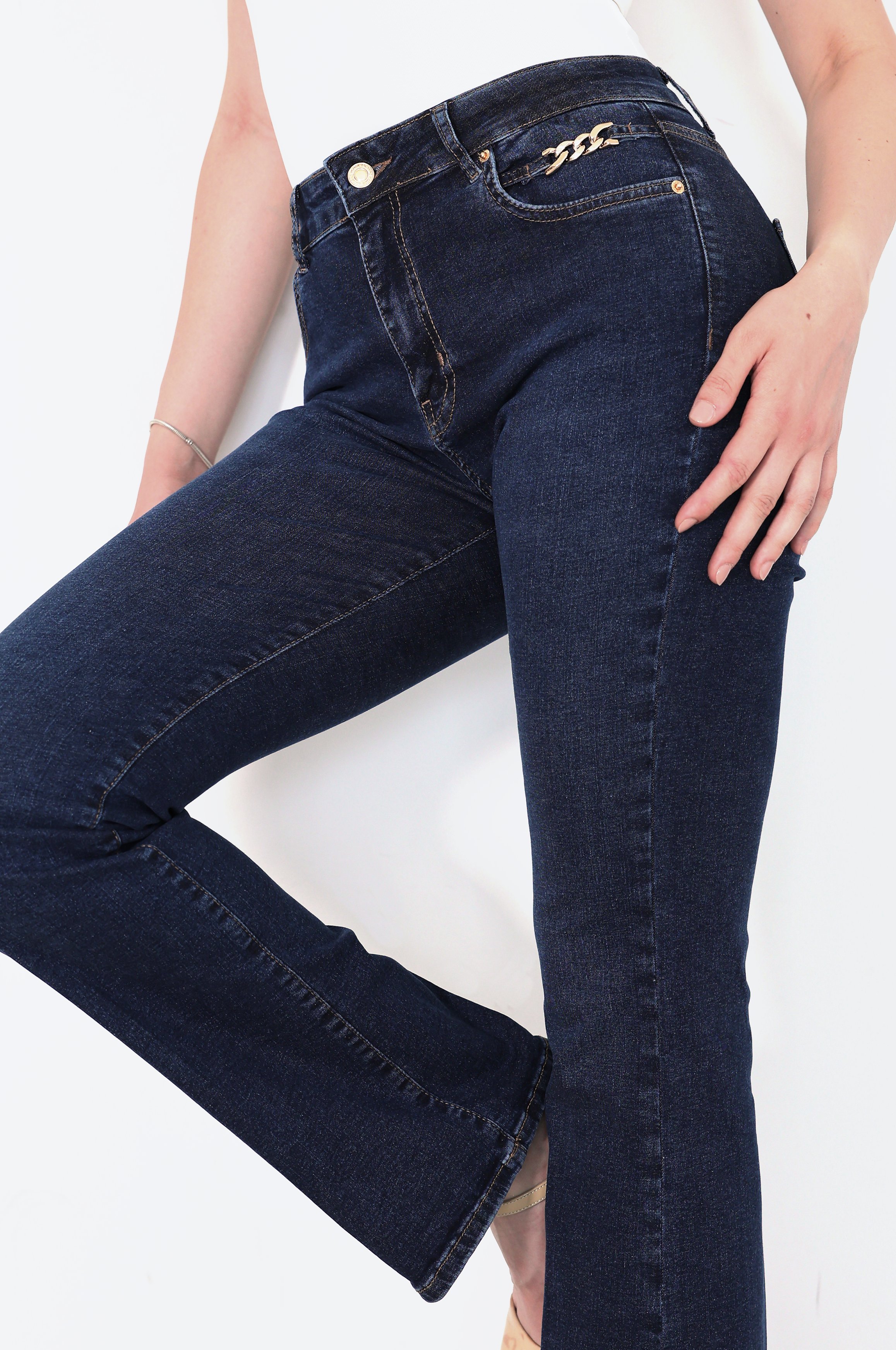 LACARINOZincir Detaylı Yarım İspanyol paça Dark Blue Jean Pantolon