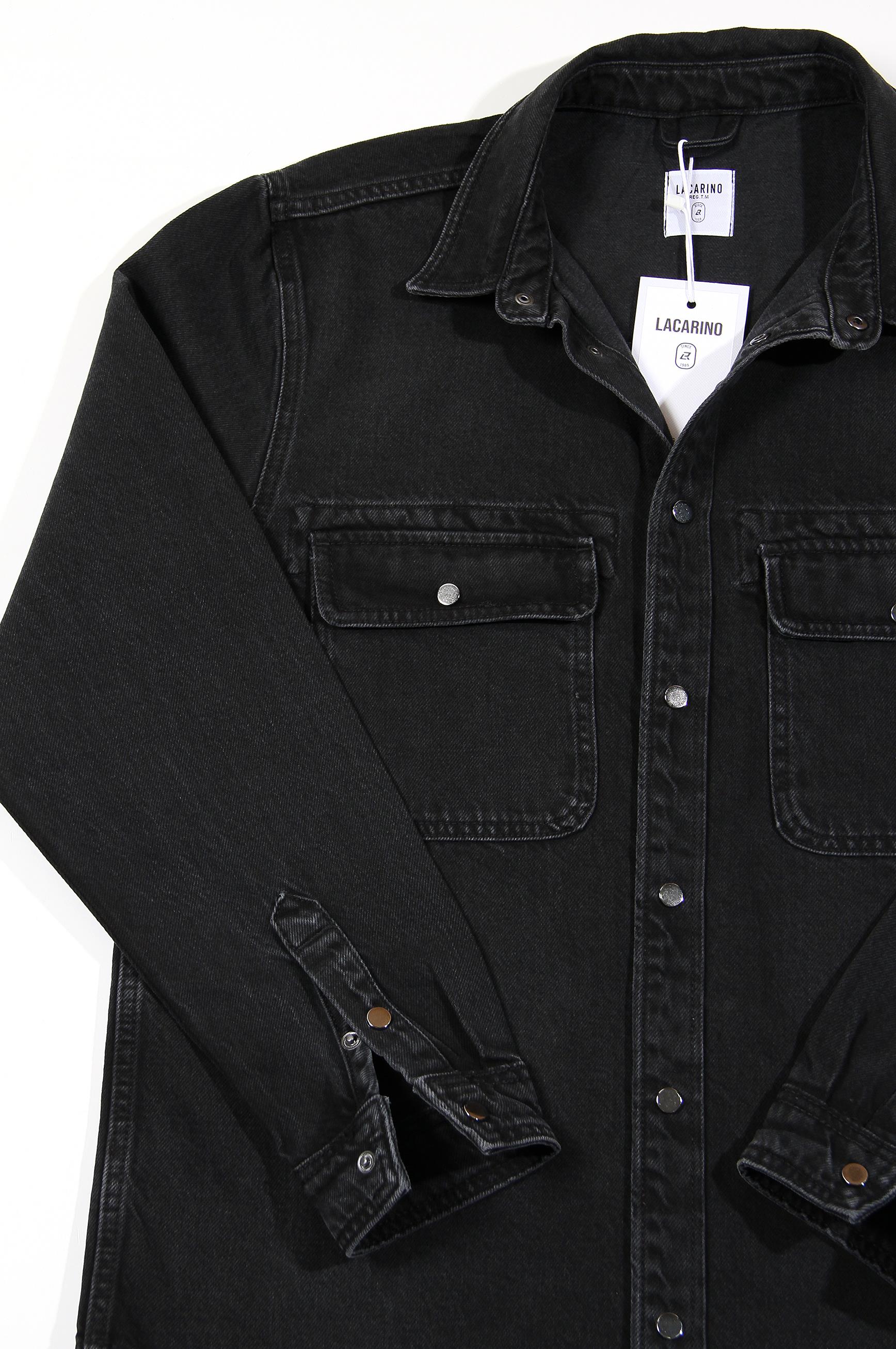 LACARINOBlack Denim Shirt with Flap Pocket Detail
