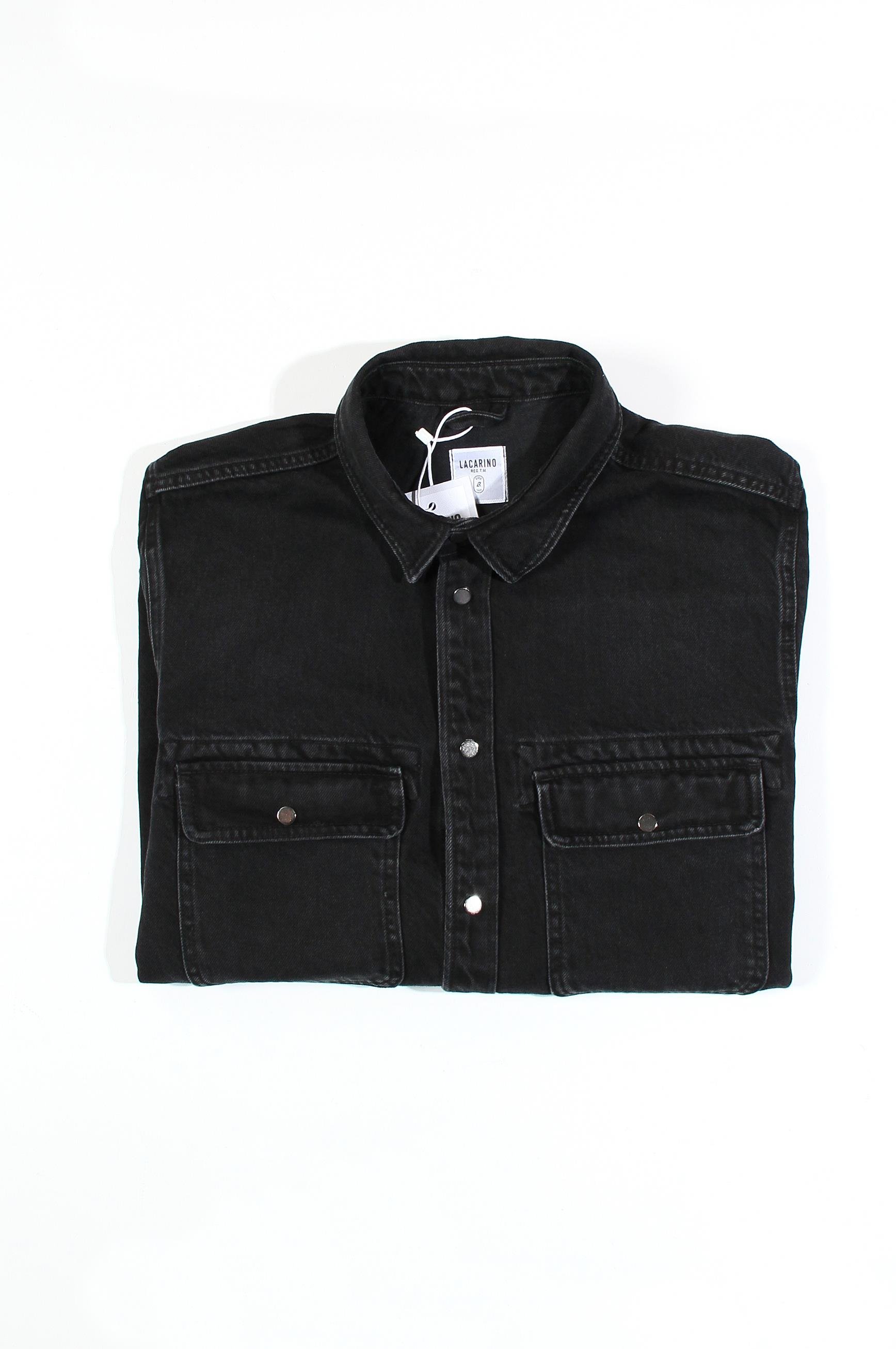 LACARINOBlack Denim Shirt with Flap Pocket Detail